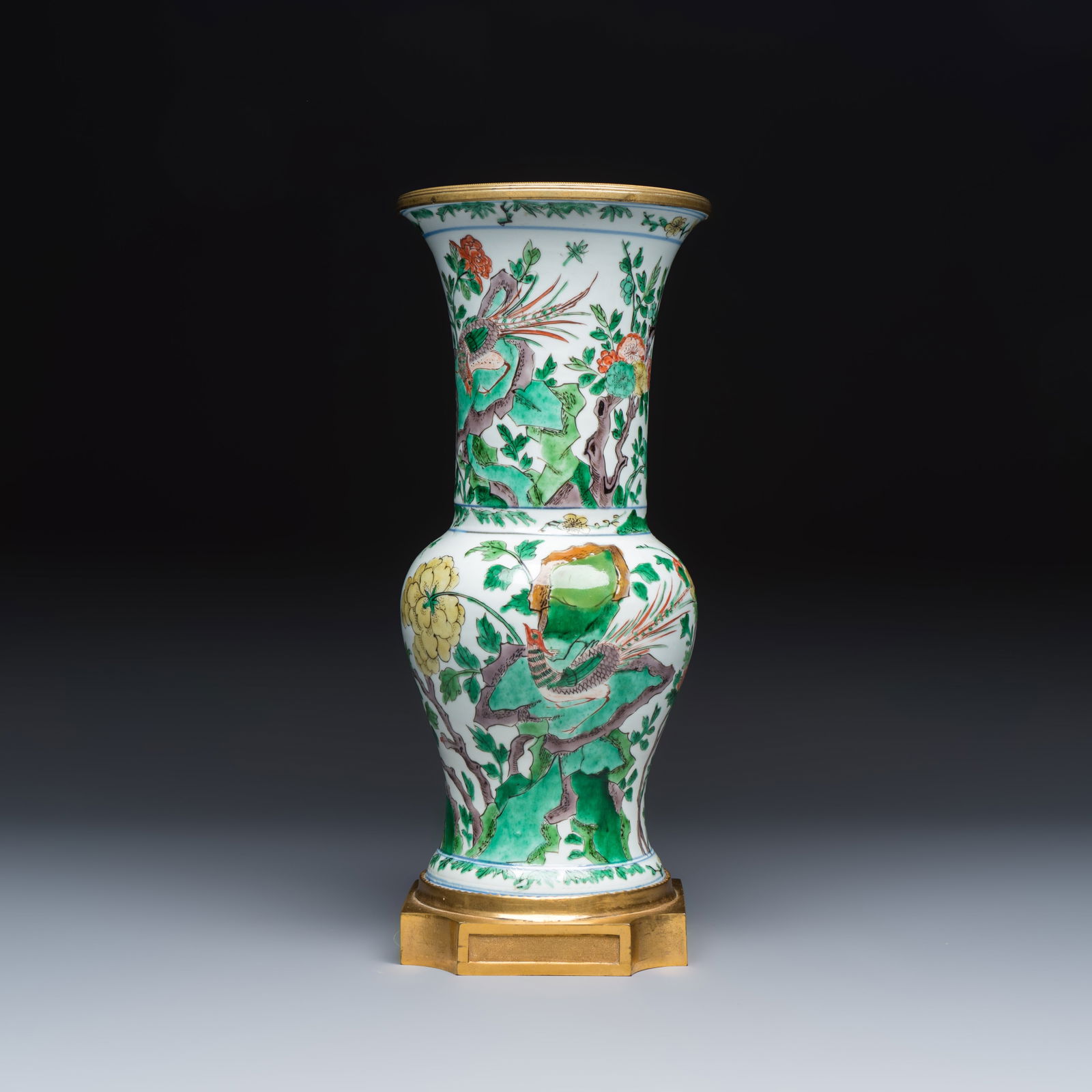 A Chinese famille verte gilt-bronze-mounted 'Yenyen' vase with pheasants, Kangxi porcelain with later mounts thumbnail 3
