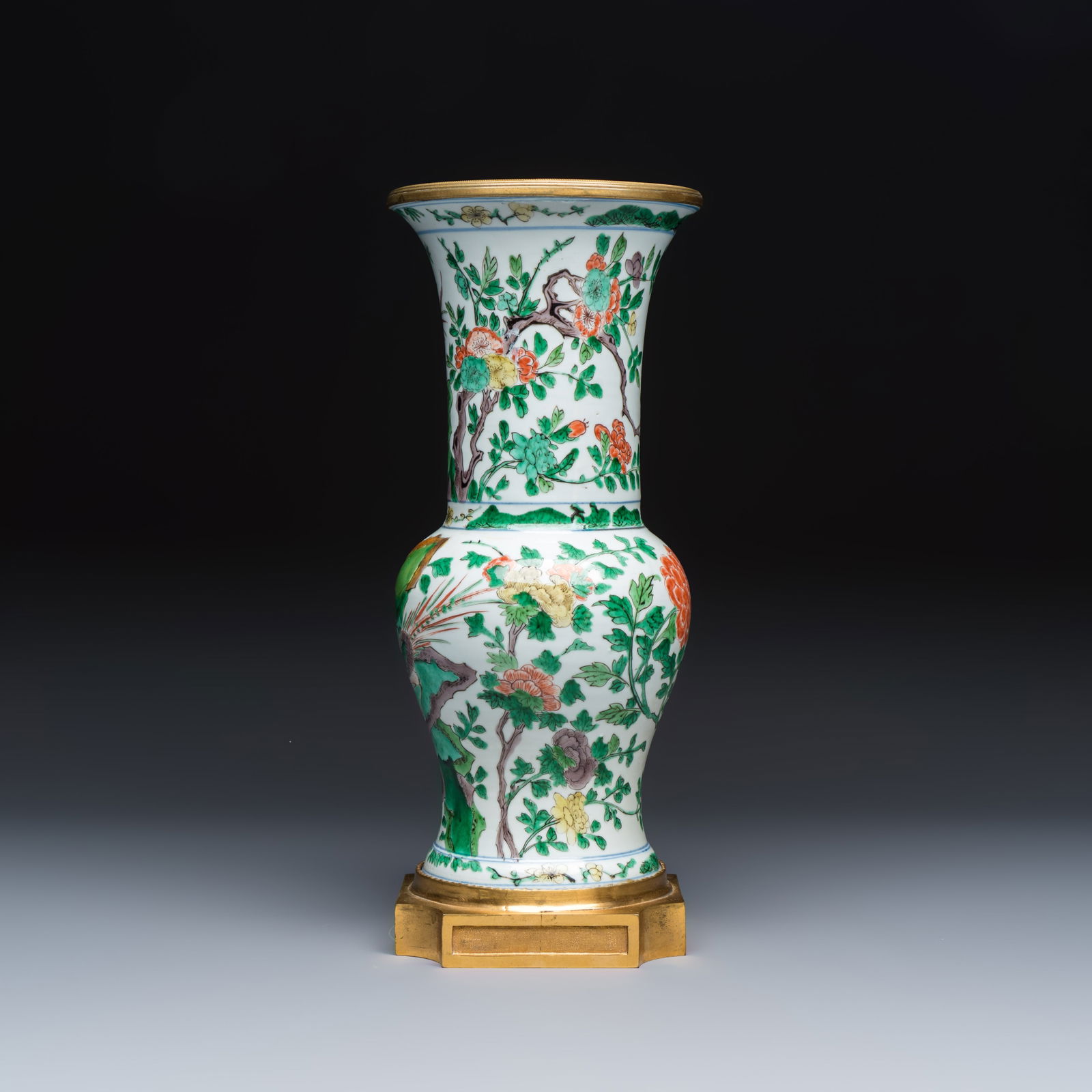 A Chinese famille verte gilt-bronze-mounted 'Yenyen' vase with pheasants, Kangxi porcelain with later mounts thumbnail 4