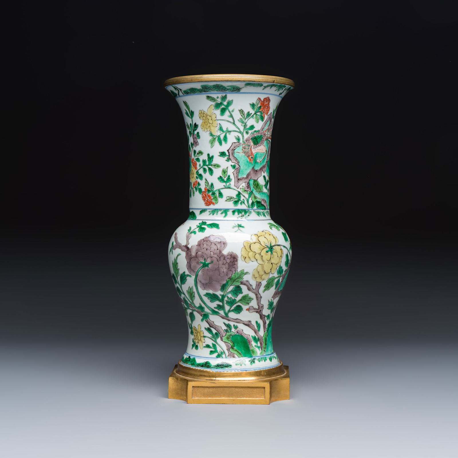A Chinese famille verte gilt-bronze-mounted 'Yenyen' vase with pheasants, Kangxi porcelain with later mounts thumbnail 6