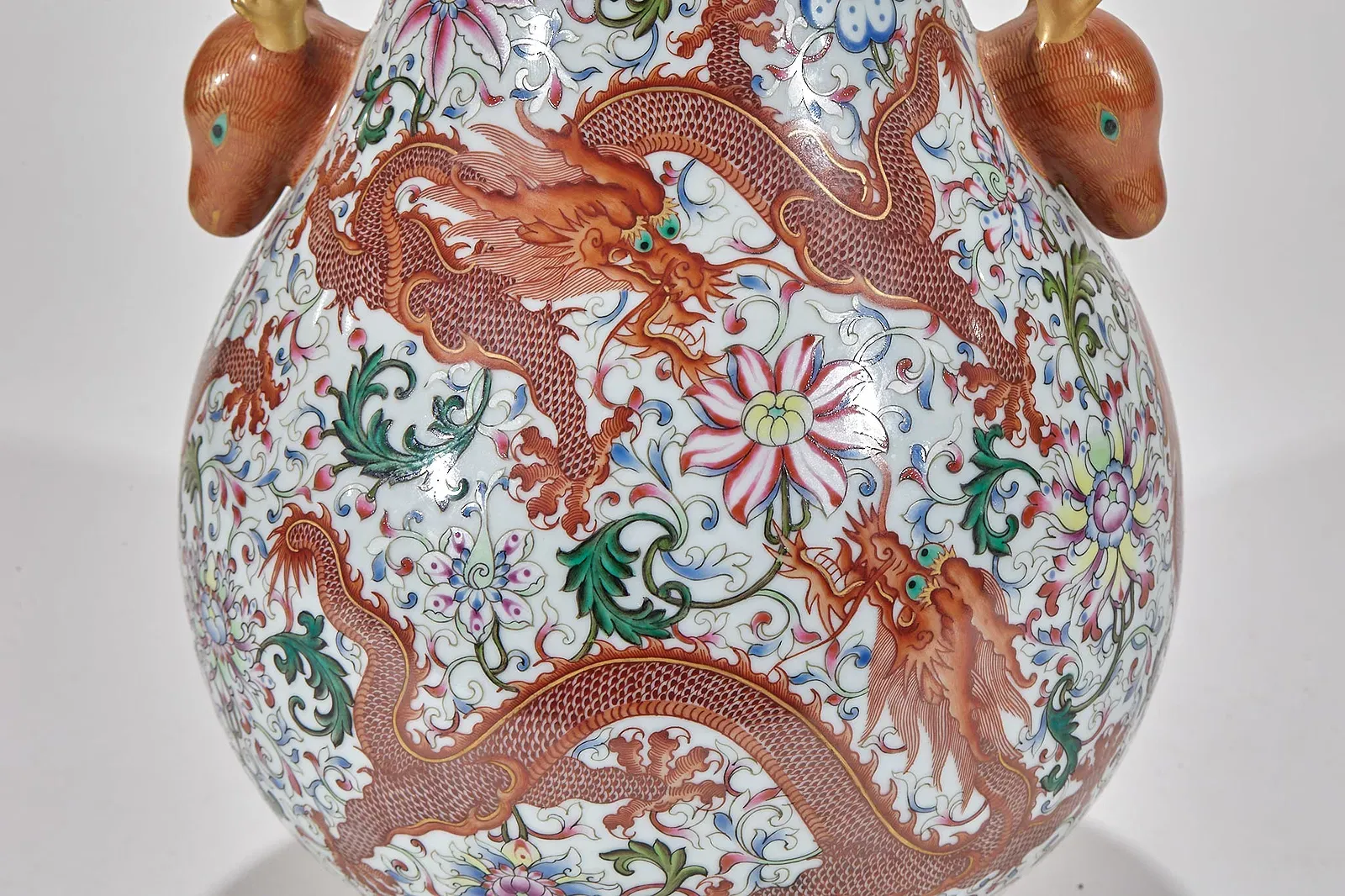 Qing Style Famille Rose Porcelain Dragon Vase with Ram-Head Handles thumbnail 2