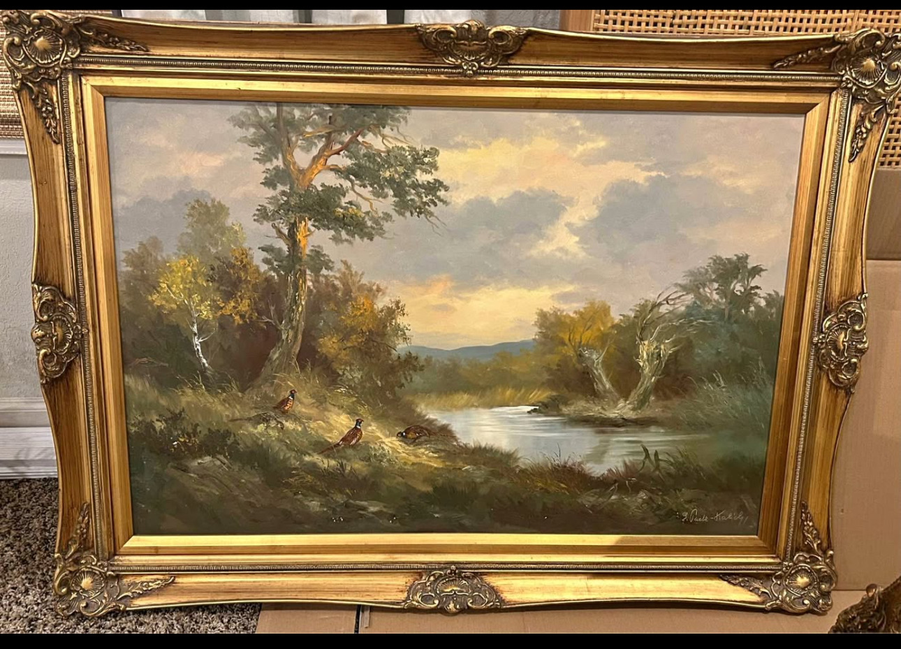 Continental Academic Landscape Oil Painting with River and Pheasants, Signed E. Pade-Kalick