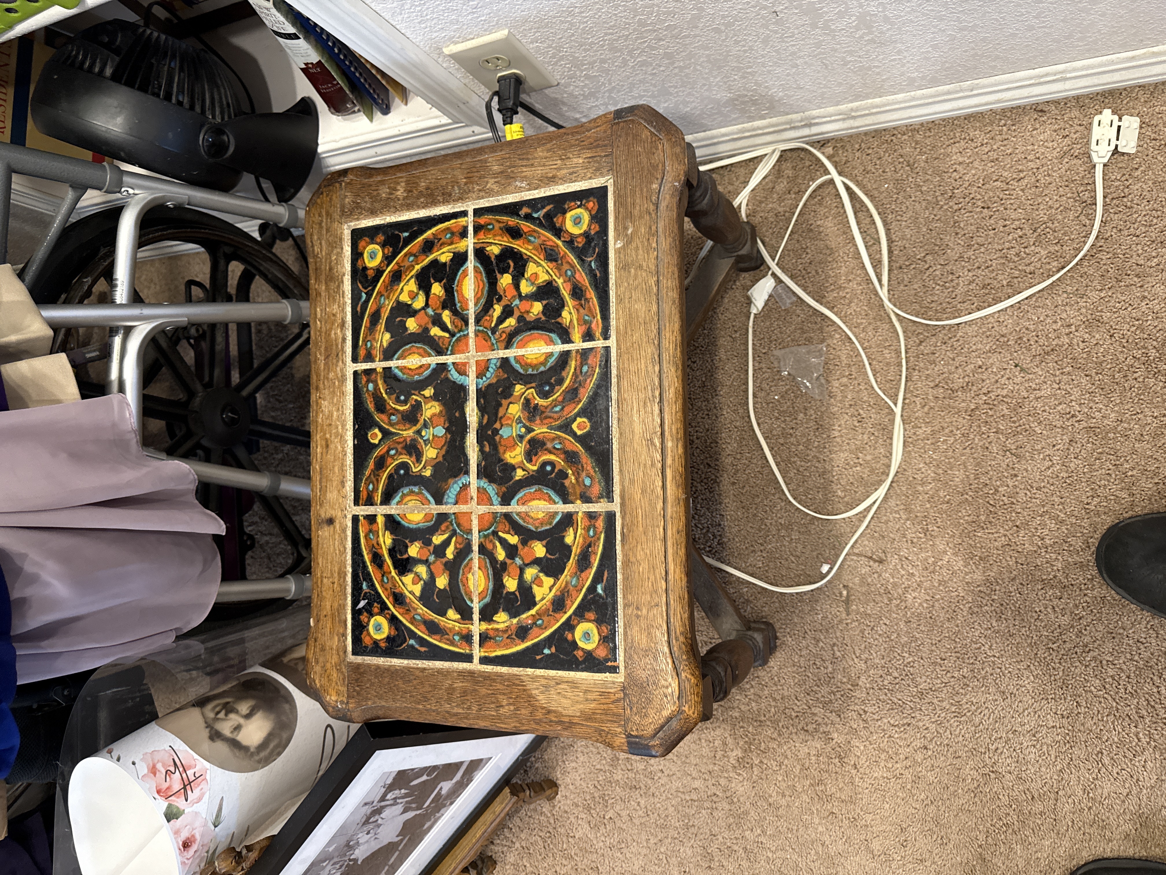 California Spanish Colonial Revival Oak and Cuerda Seca Tile-Top Side Table