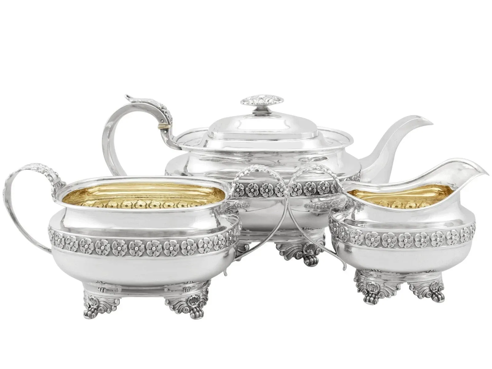 English George IV Sterling Silver Three-Piece Tea Service (London, 1821) thumbnail 3