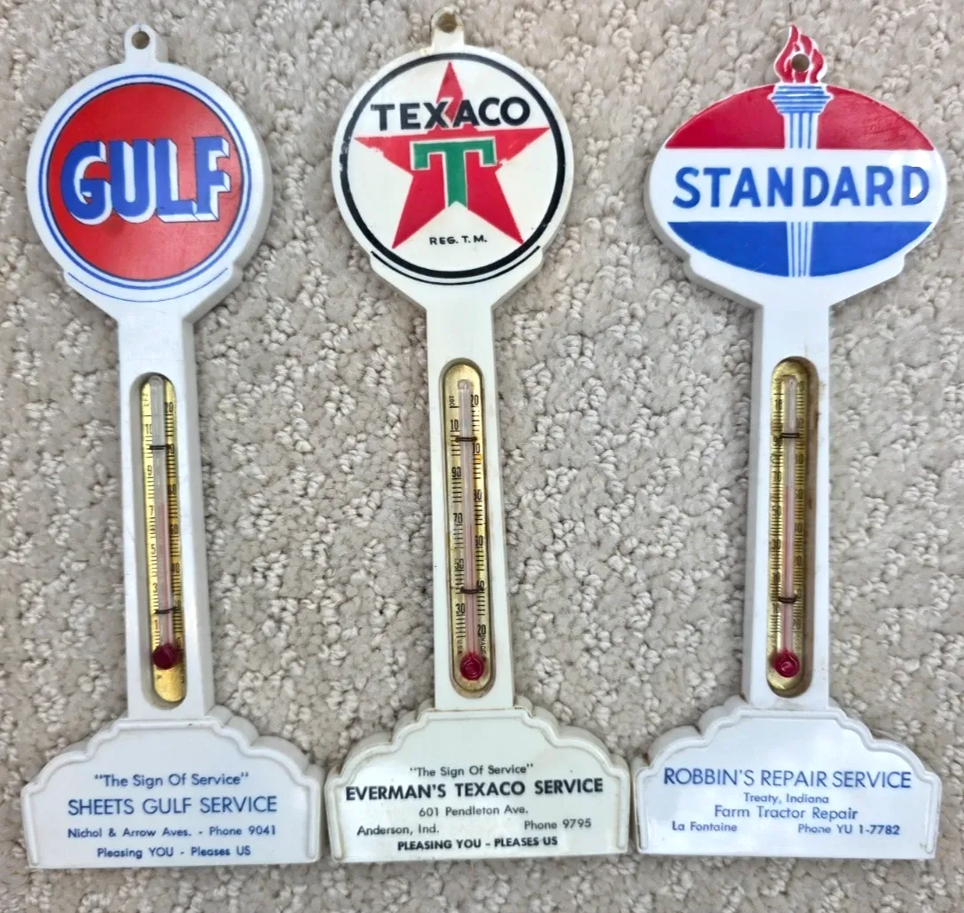 Mid-Century Gasoline Advertising Thermometer Set