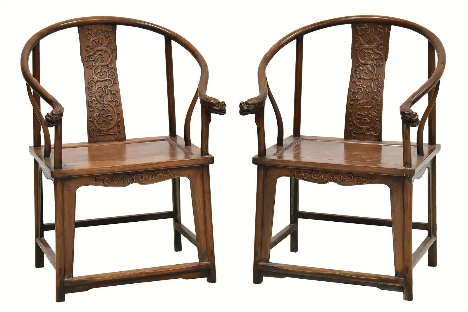 Pair of Qing Style Huanghuali Dragon Motif Horseshoe-Back Armchairs