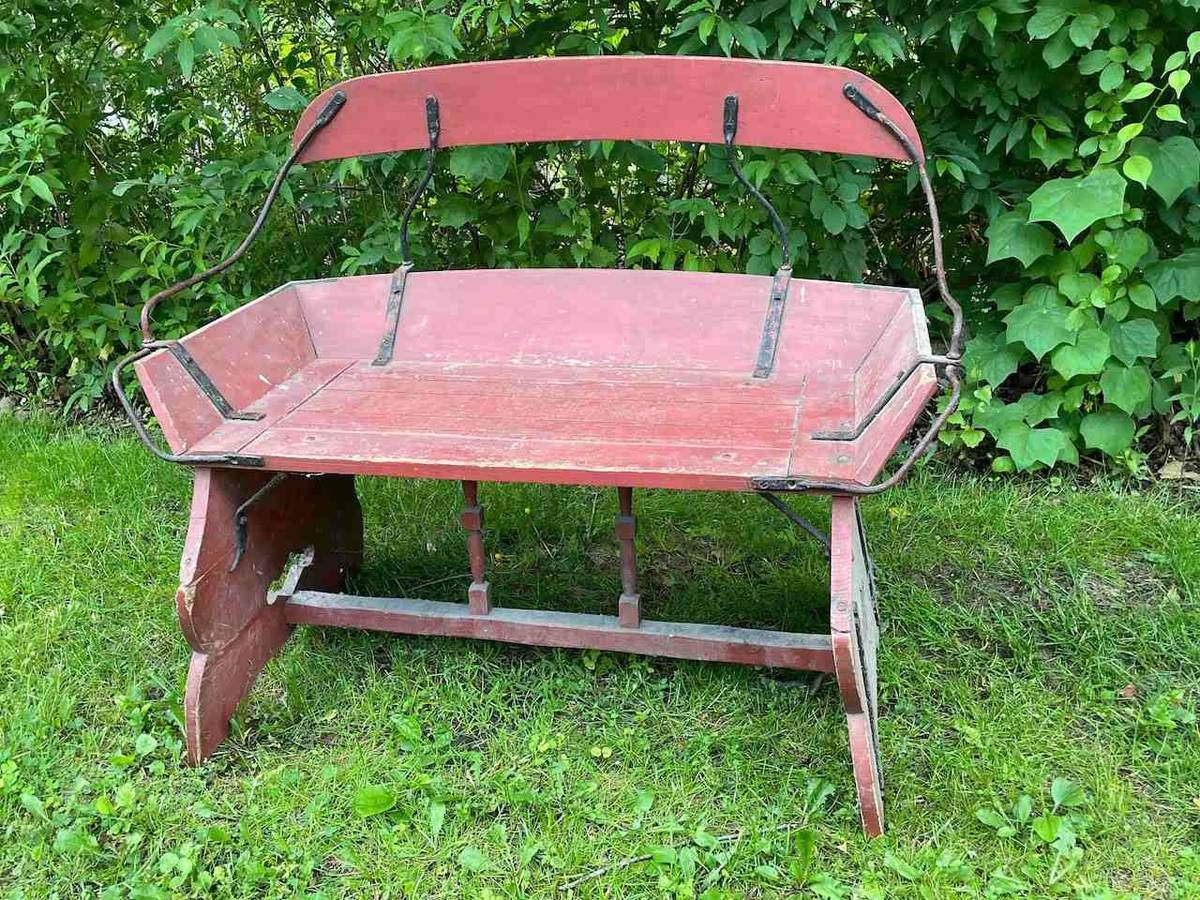 American Folk Rustic Style Painted Wood Sled-Form Garden Benches (Pair)