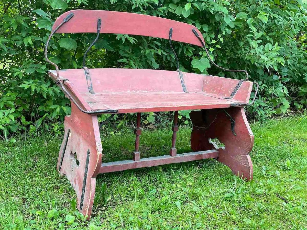 American Folk Rustic Style Painted Wood Sled-Form Garden Benches (Pair) thumbnail 2