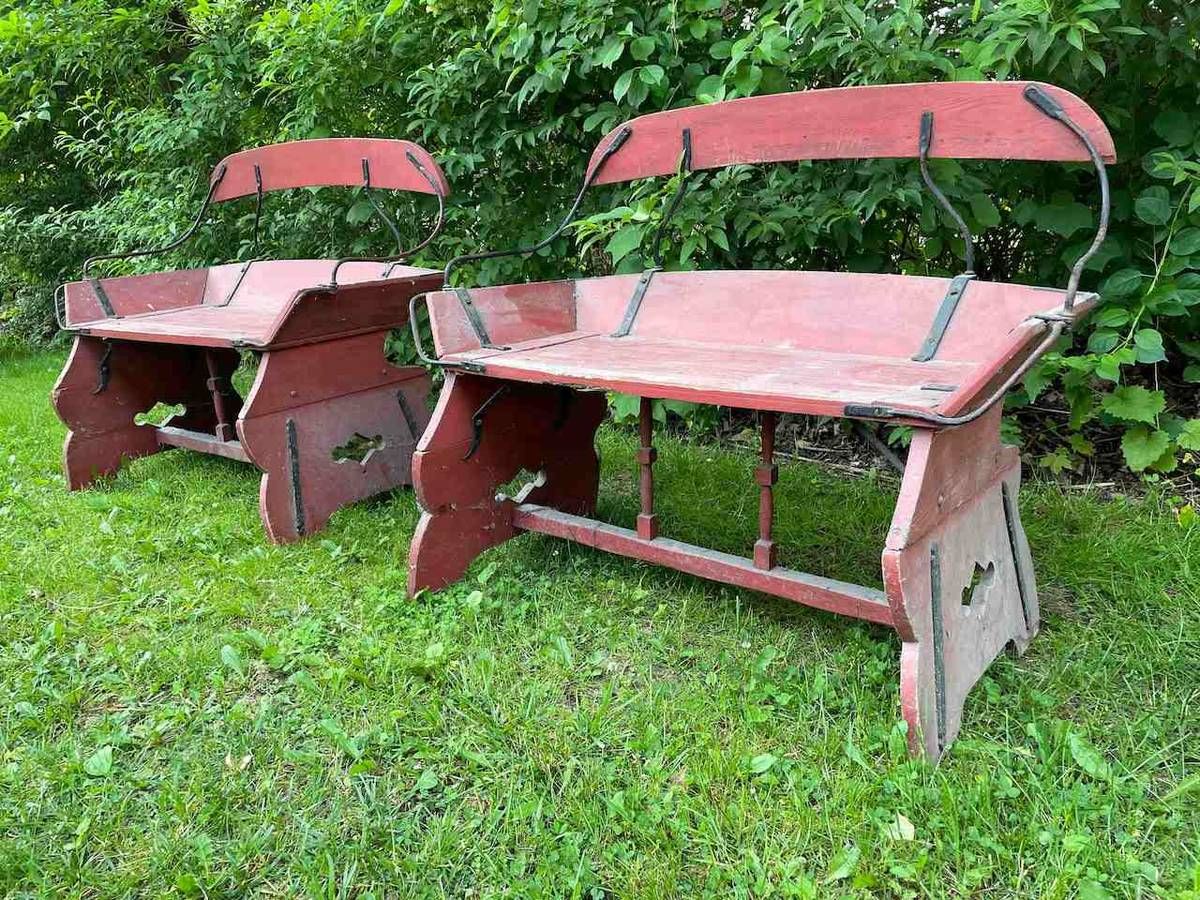 American Folk Rustic Style Painted Wood Sled-Form Garden Benches (Pair) thumbnail 3