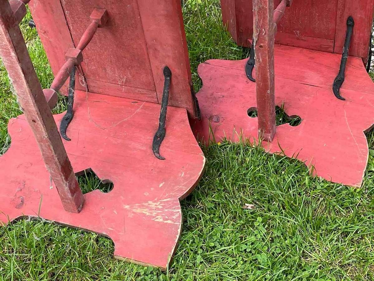 American Folk Rustic Style Painted Wood Sled-Form Garden Benches (Pair) thumbnail 4