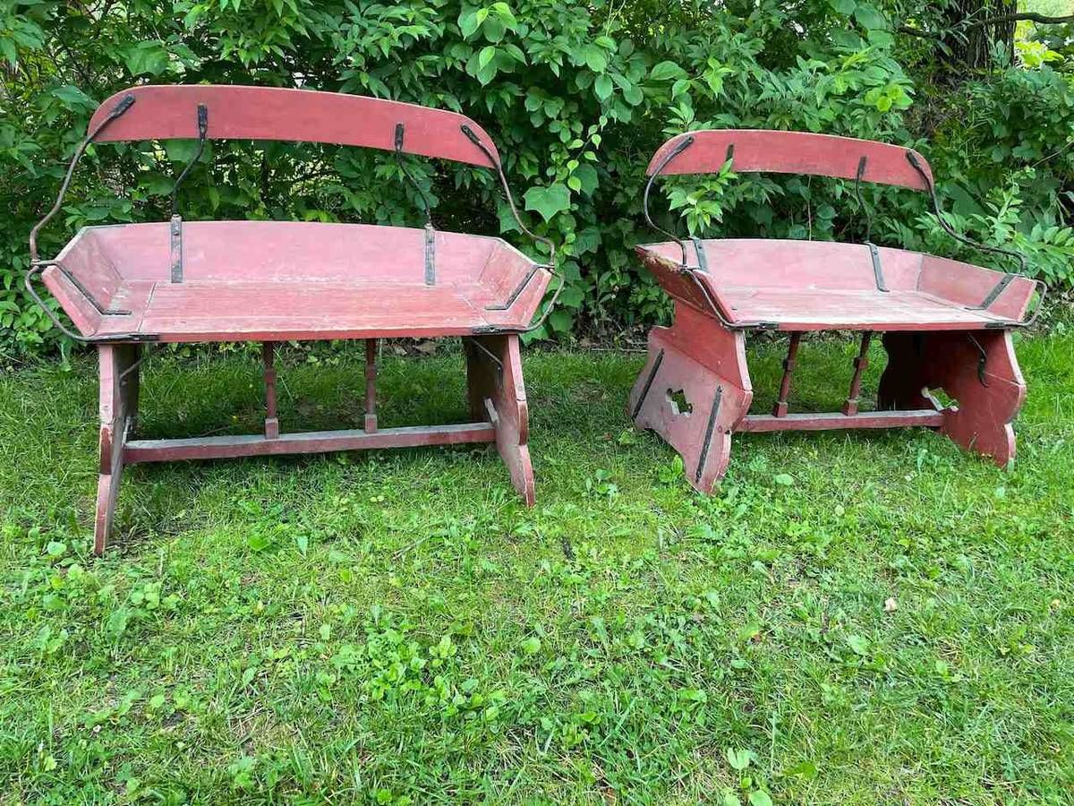 American Folk Rustic Style Painted Wood Sled-Form Garden Benches (Pair) thumbnail 5