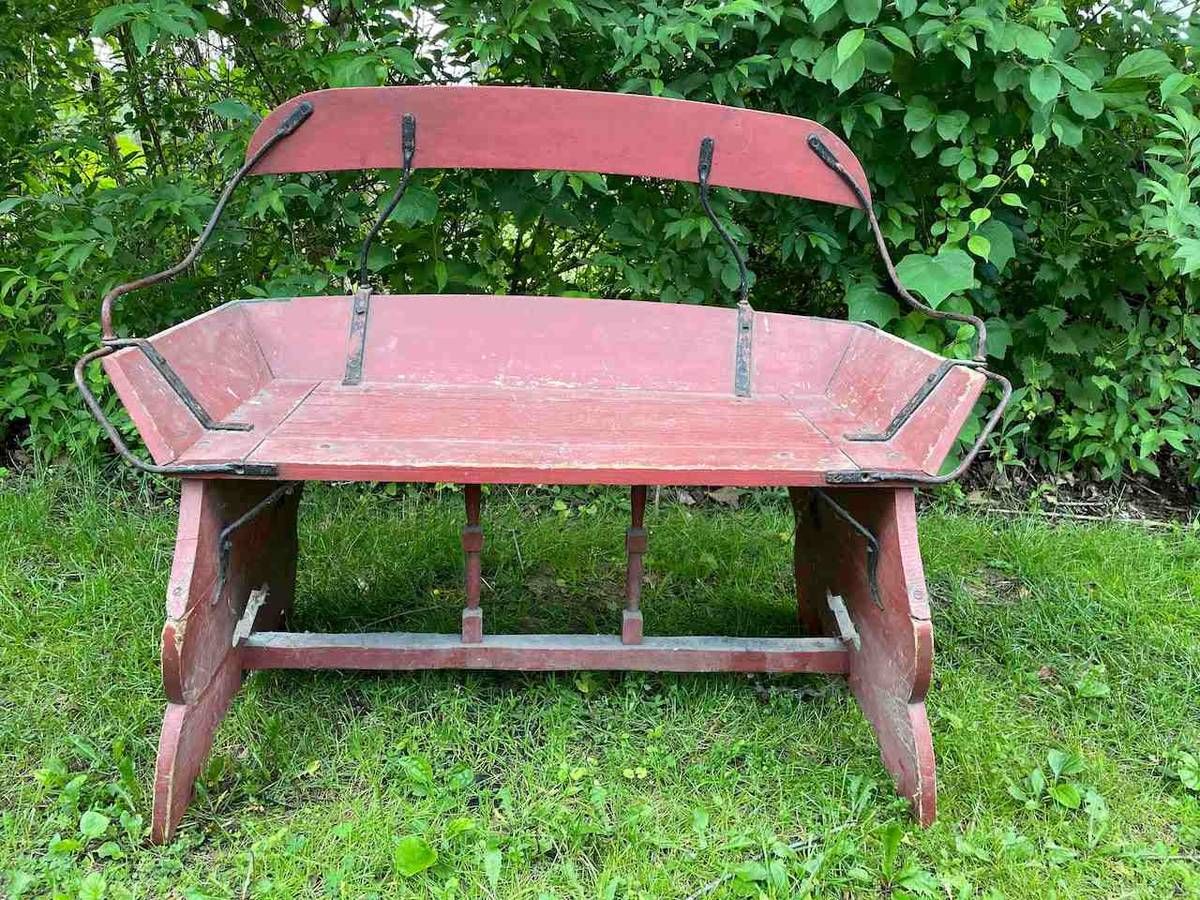 American Folk Rustic Style Painted Wood Sled-Form Garden Benches (Pair) thumbnail 6