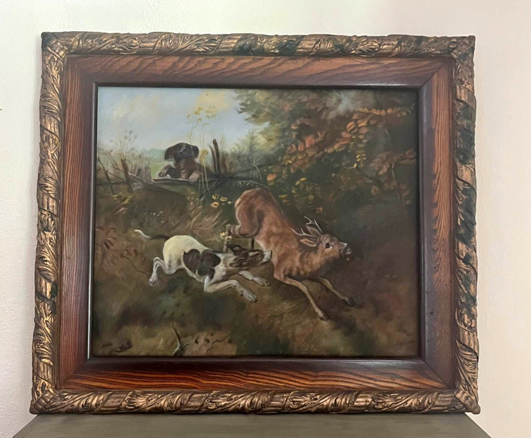 Victorian Period Oil Painting of Hunting Scene with Dogs and Deer