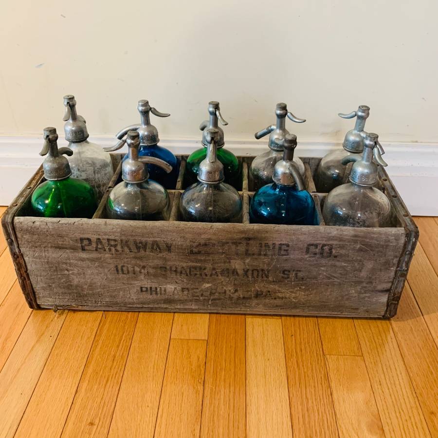 Early 20th Century Seltzer Bottles in Wooden Crate