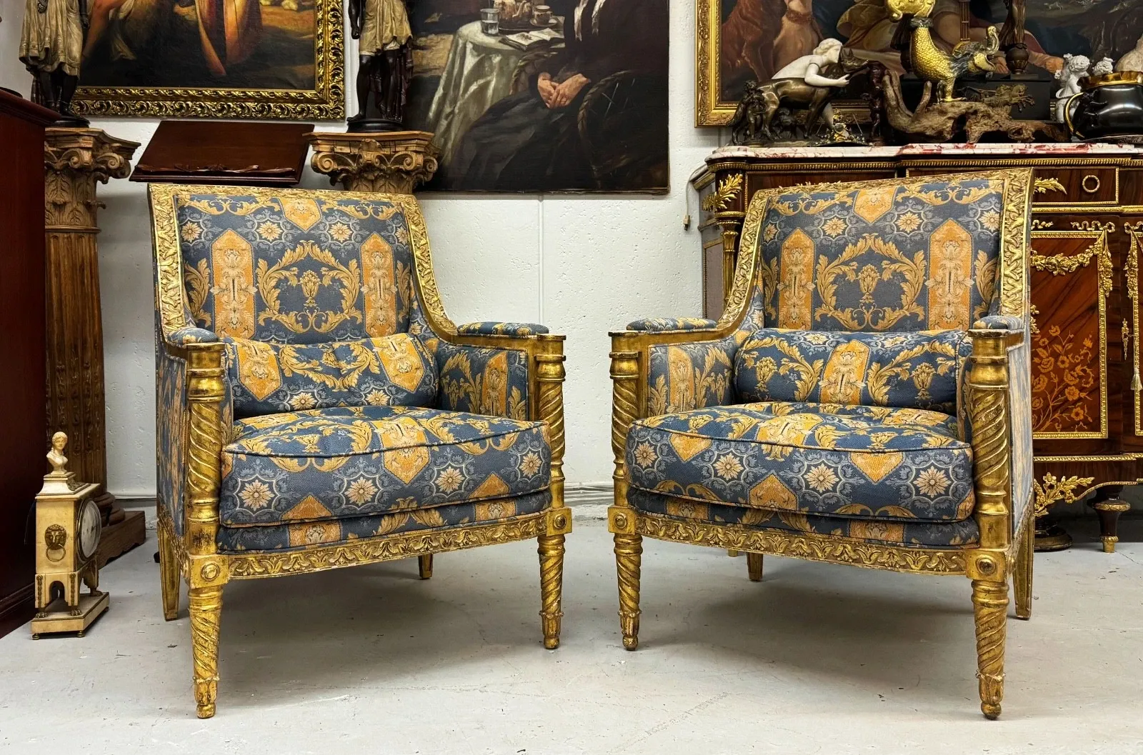 Pair of Louis XVI Style Giltwood Bergeres with Upholstery