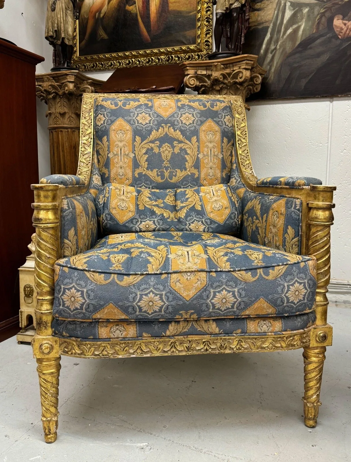 Pair of Louis XVI Style Giltwood Bergeres with Upholstery thumbnail 2