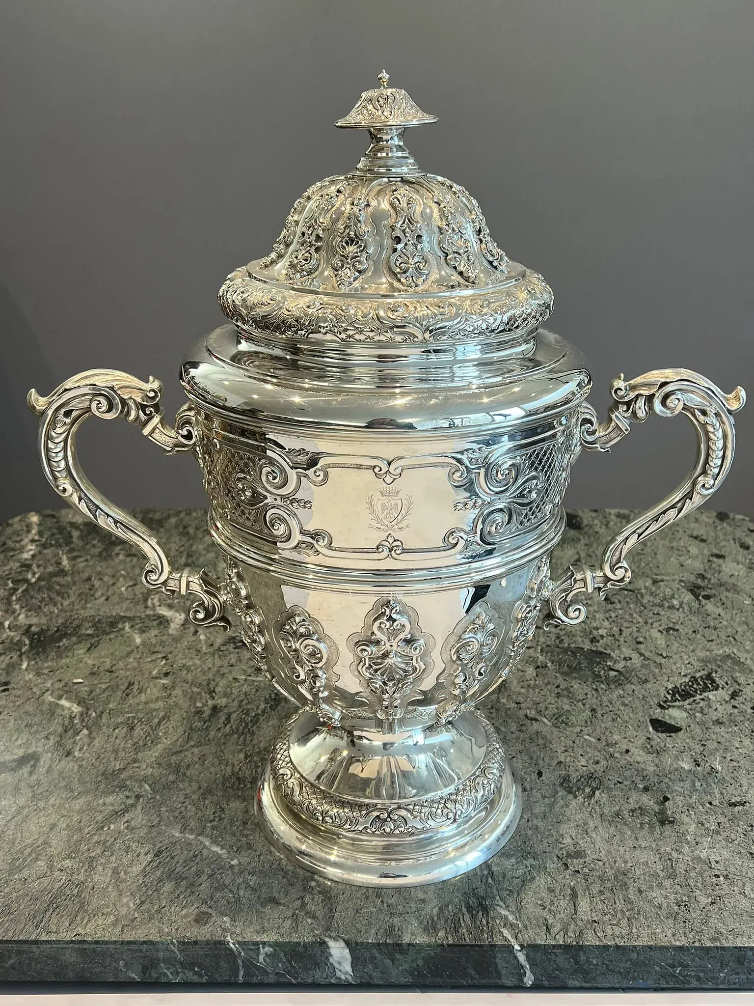 Victorian Rococo Revival Sterling Silver Covered Two-Handled Loving Cup or Presentation Urn thumbnail 2