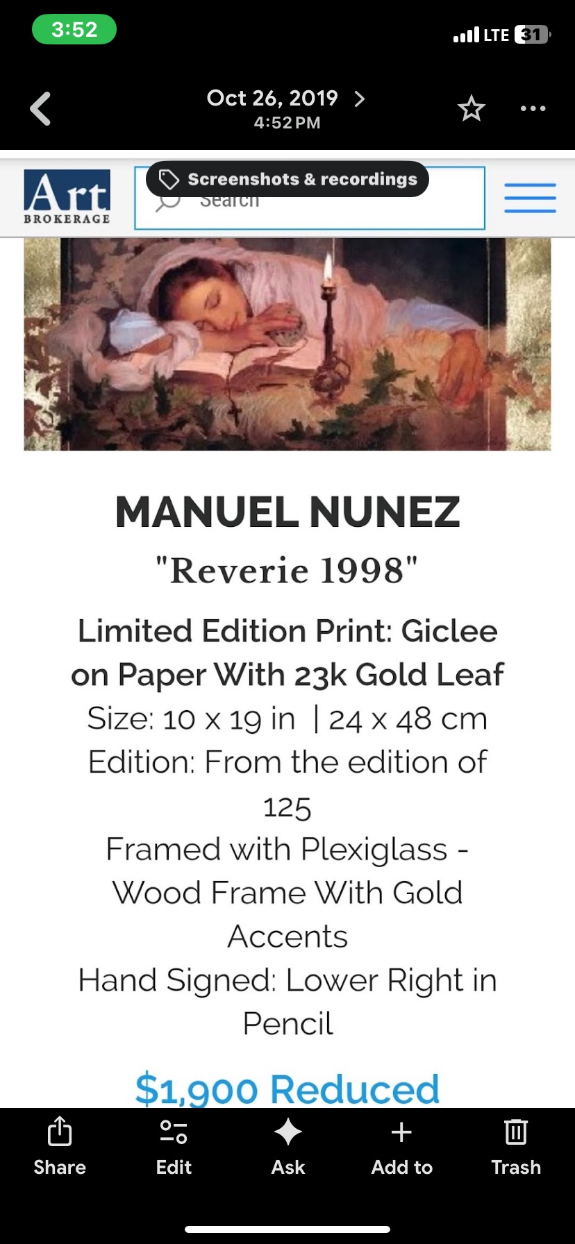 Limited Edition Giclée Print 'Reverie 1998' by Manuel Nunez
