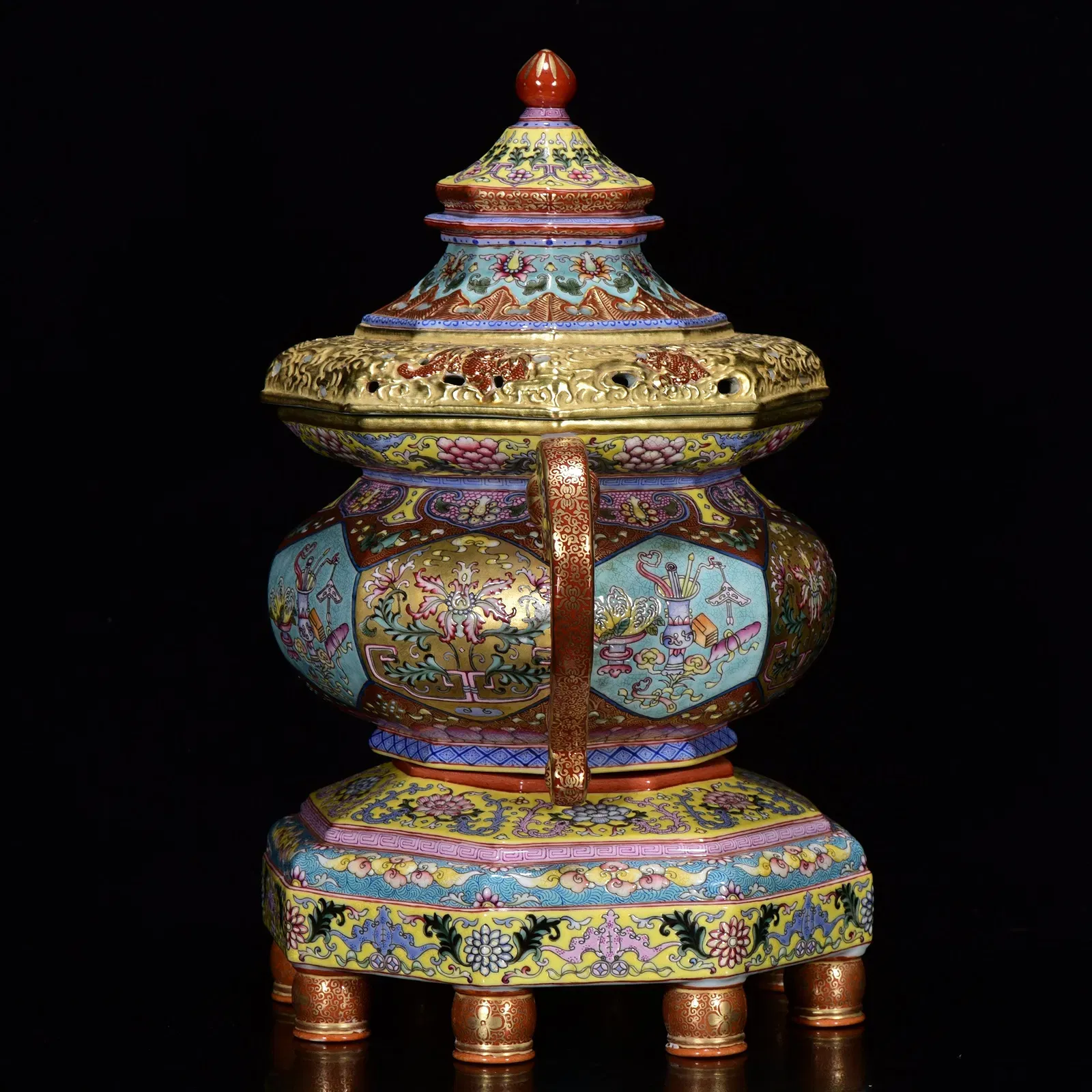 Chinese Qianlong Style Famille Rose Gilt-Bronze Mounted Octagonal Censer with Stand thumbnail 2