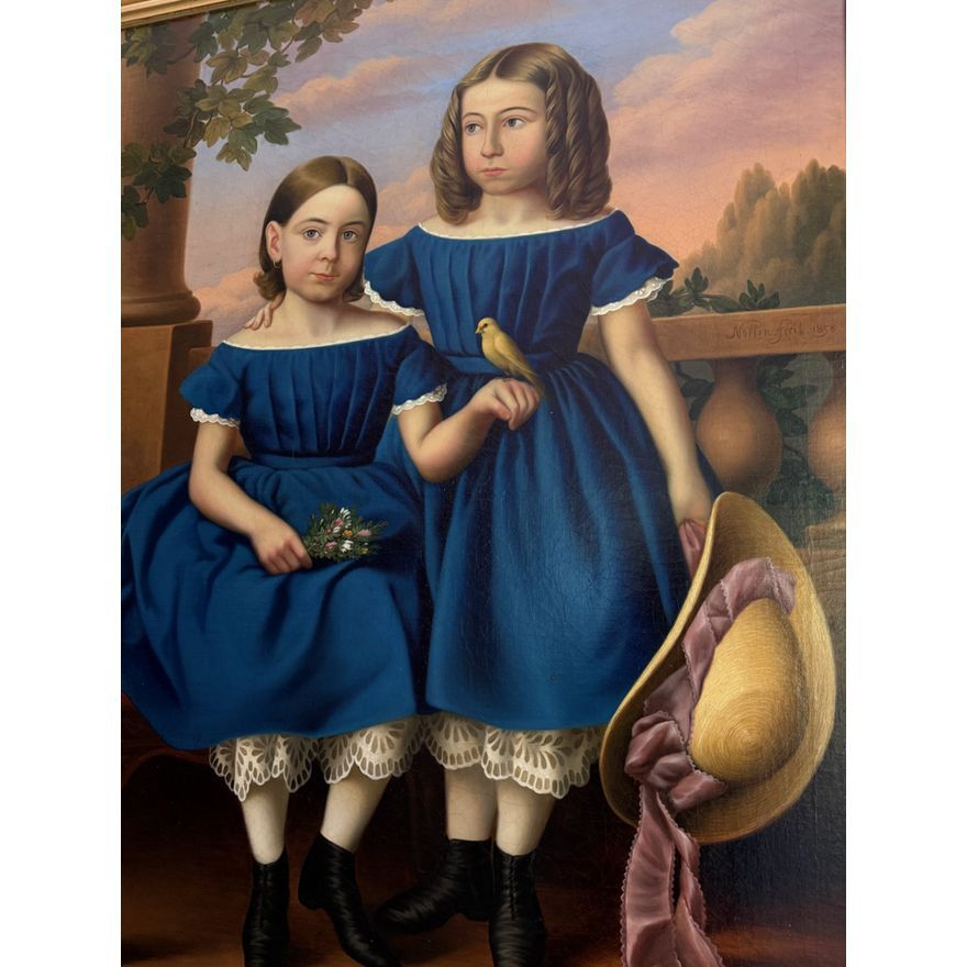 American Folk Art Oil Portrait of Mollie and Virginia Burkitt, circa 1858 thumbnail 2