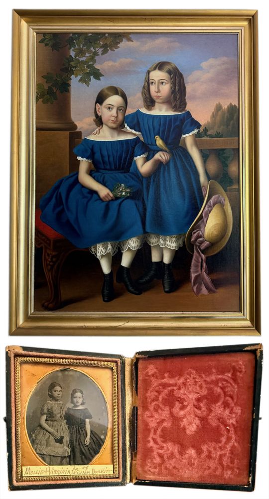 American Folk Art Oil Portrait of Mollie and Virginia Burkitt, circa 1858 thumbnail 3