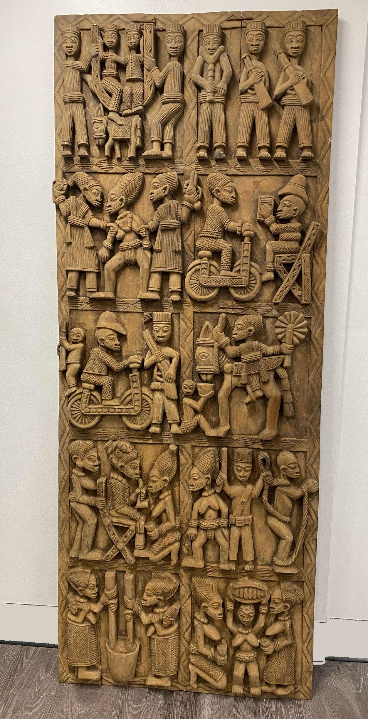 Pair of Mid‑20th Century Yoruba Style Carved Narrative Wooden Door Panels thumbnail 2