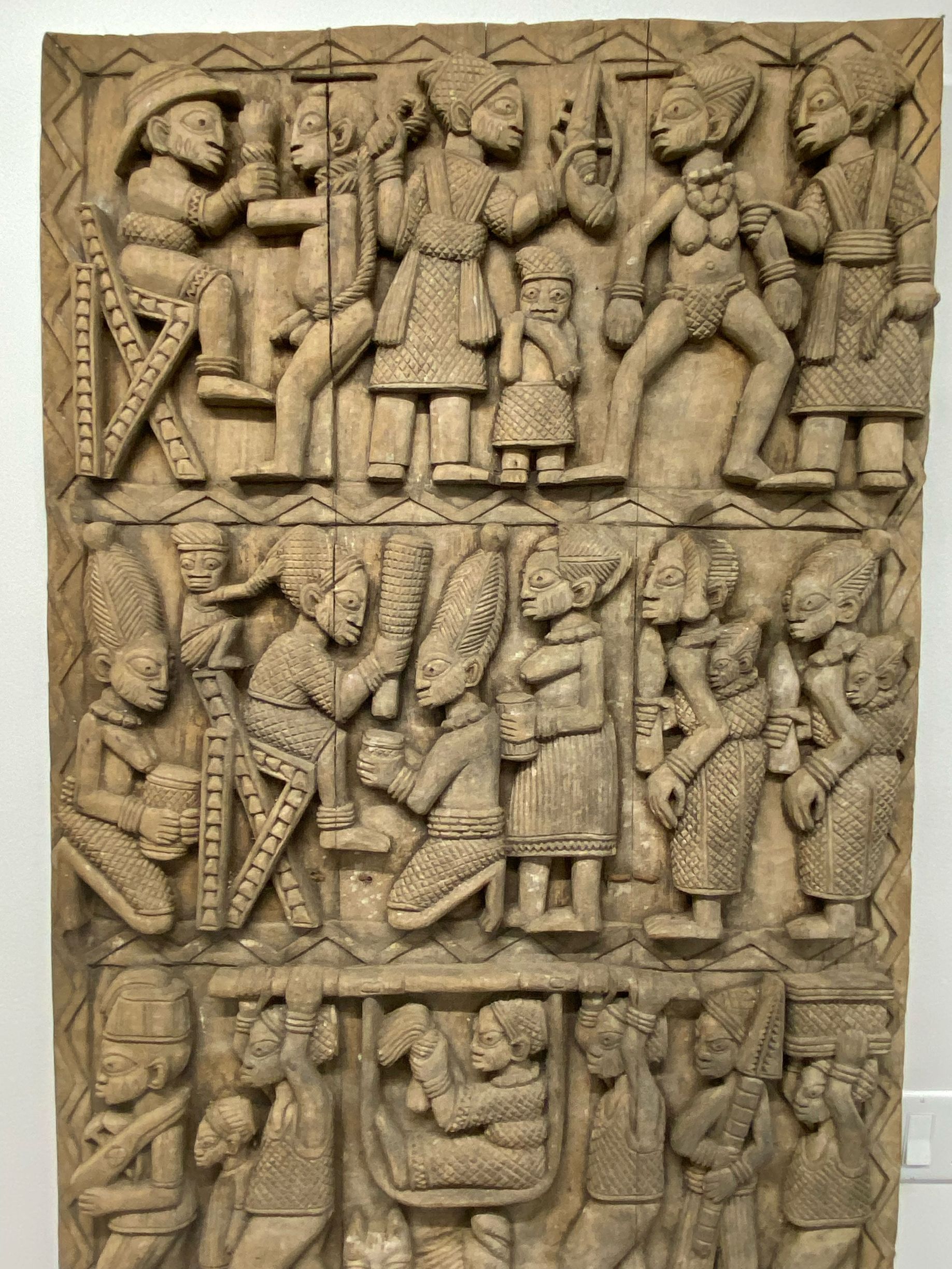 Pair of Mid‑20th Century Yoruba Style Carved Narrative Wooden Door Panels thumbnail 4