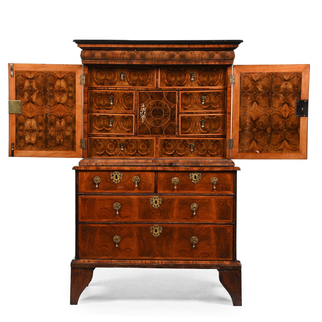 A WILLIAM & MARY WALNUT OYSTER VENEER CABINET ON CHEST, CIRCA 1690 and later thumbnail 4