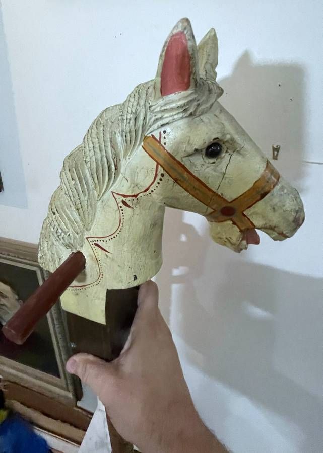 American Folk Art Style Wooden Hobby Horse Pull Toy on Wheels thumbnail 5