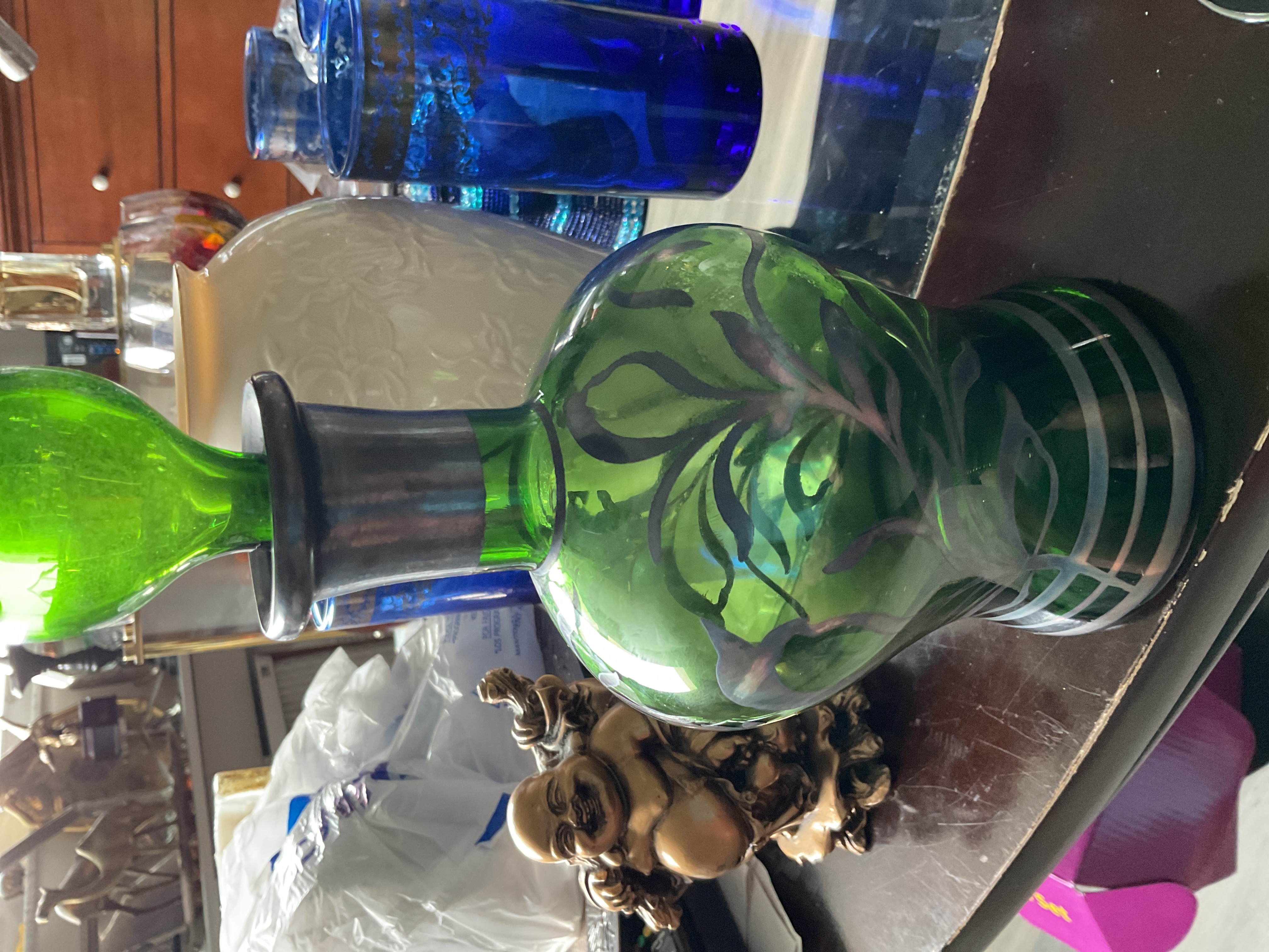 Art Nouveau Green Enameled Glass Decanter