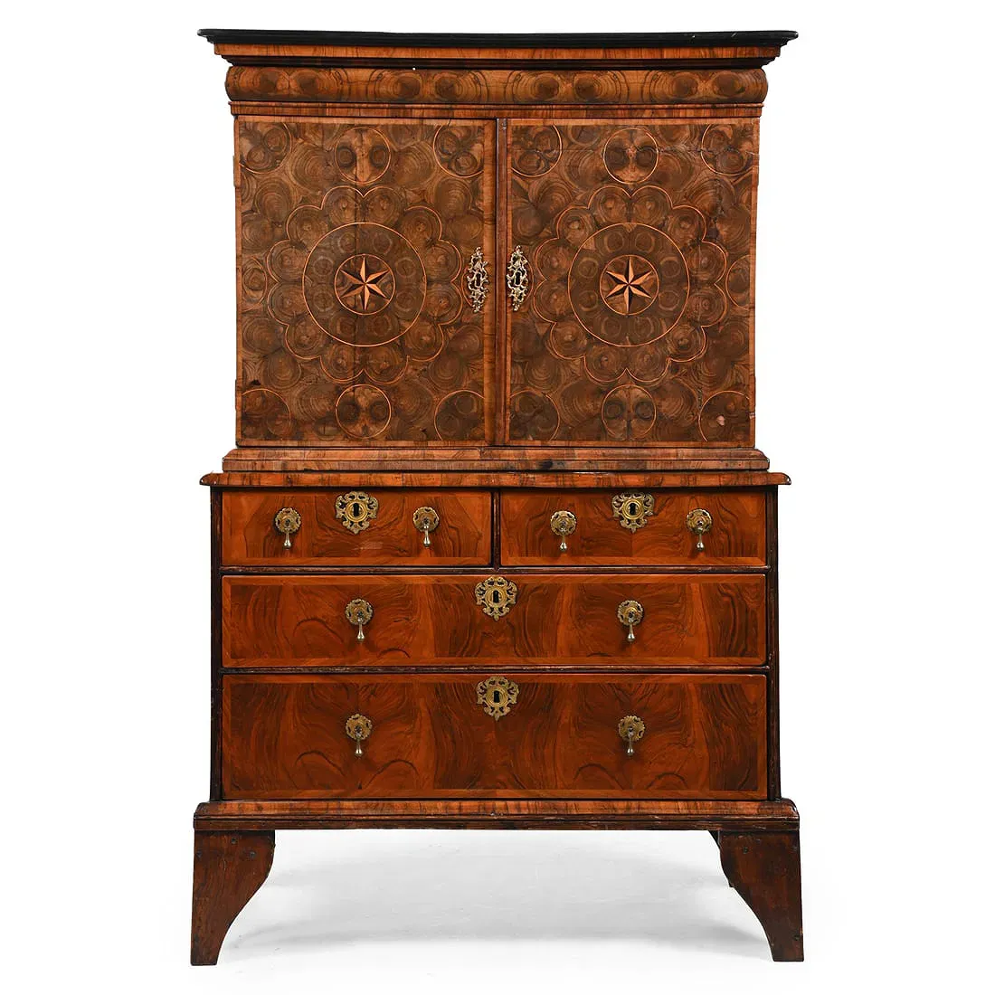 William and Mary Style Walnut and Oyster Veneer Cabinet on Chest (Composite)