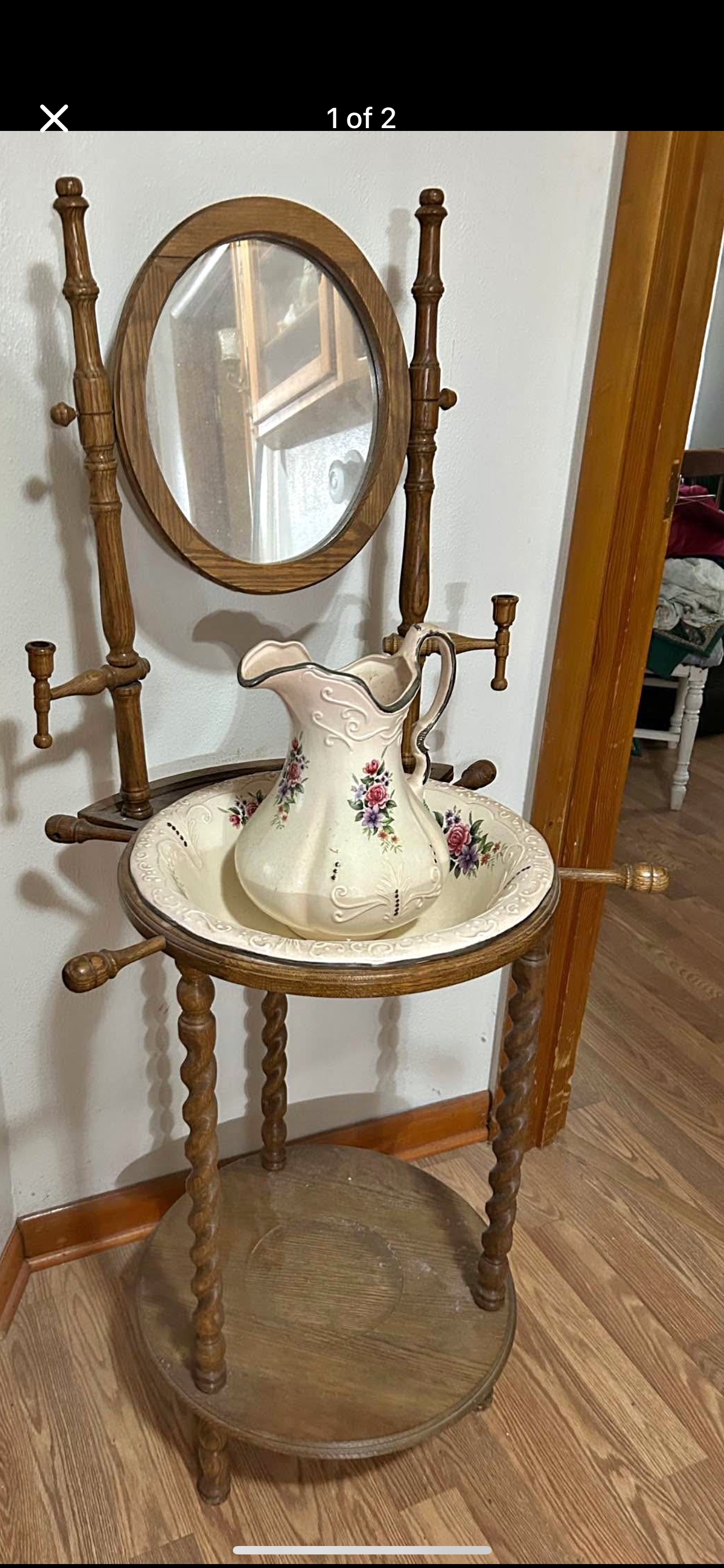 Victorian Revival Oak Washstand with Porcelain Pitcher & Basin
