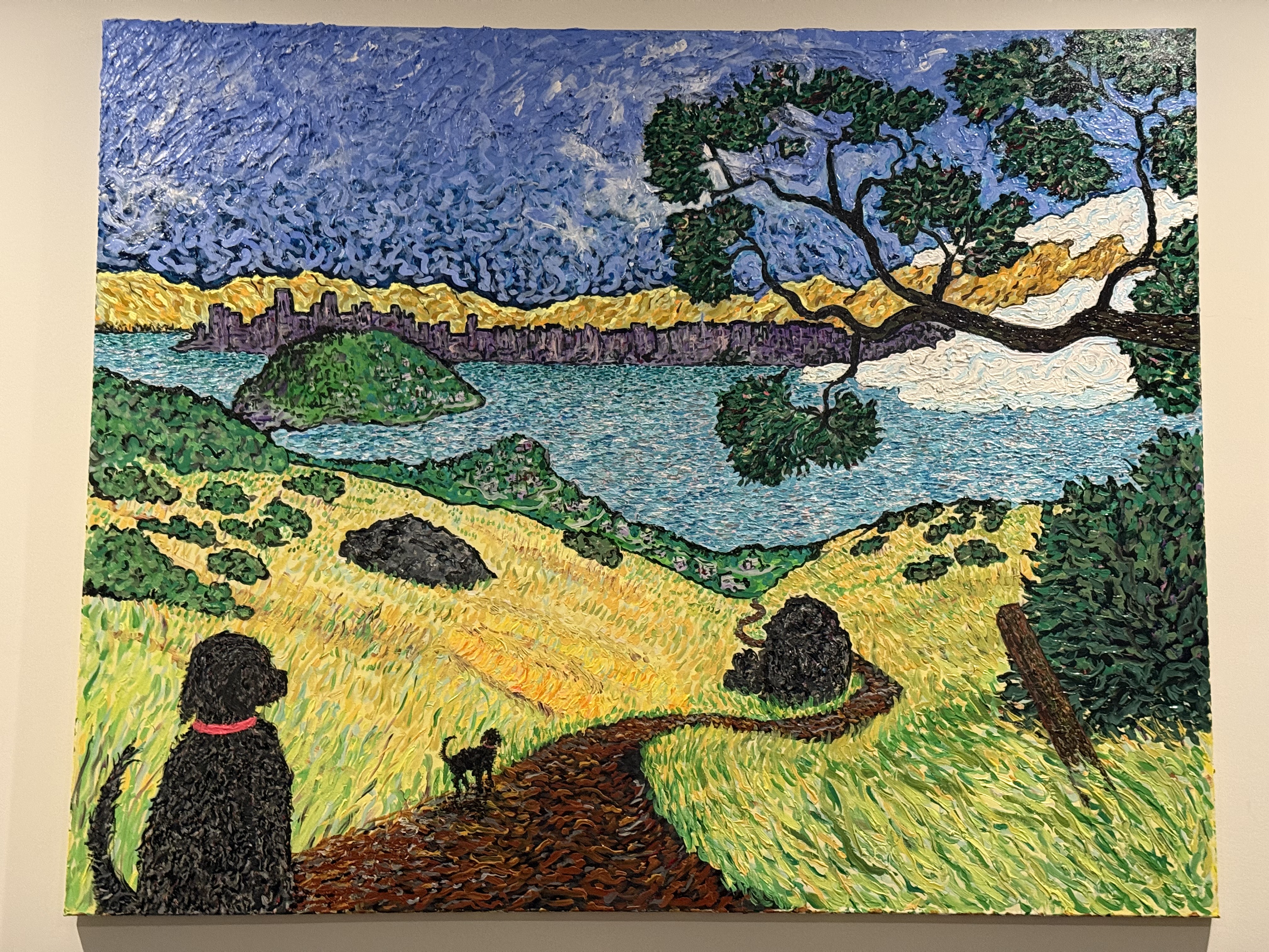 Contemporary Impasto Landscape Painting with Dogs and Bay View