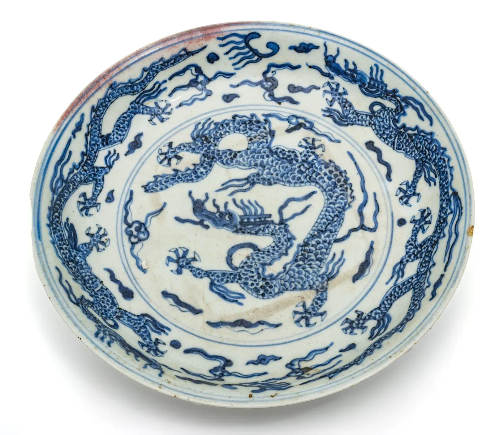 Ming Dynasty Jiajing Period Blue and White Porcelain Dragon Dish