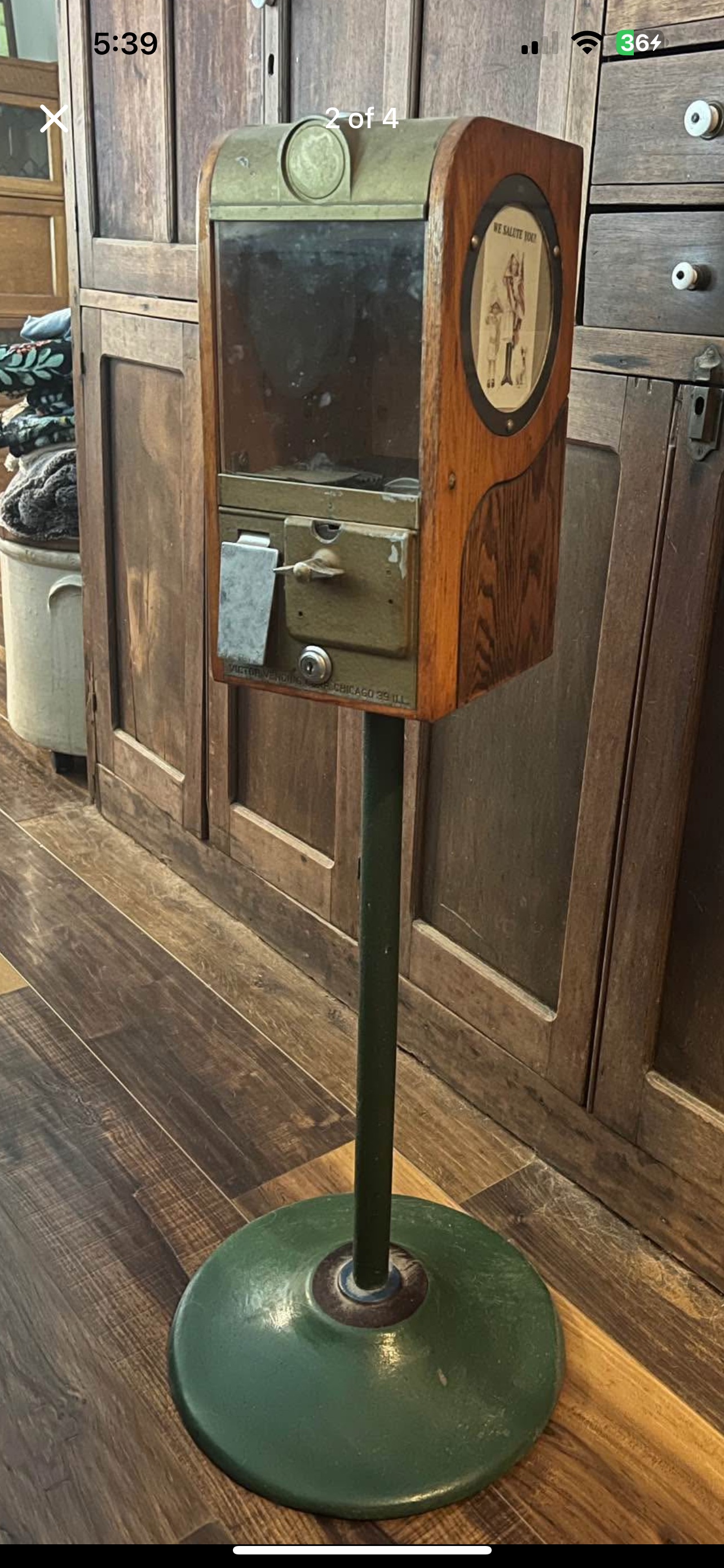 American Depression Era Oak and Metal Floor-Standing Gumball/Peanut Vending Machine
