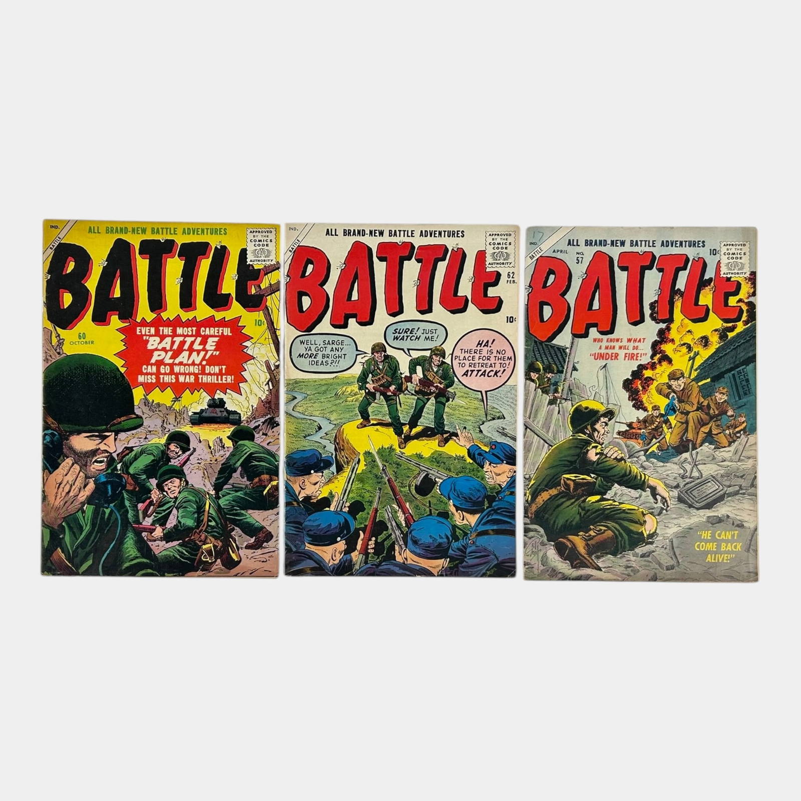 Battle Early Silver Age Comic Books Issues 57, 60, 62 Atlas Comics