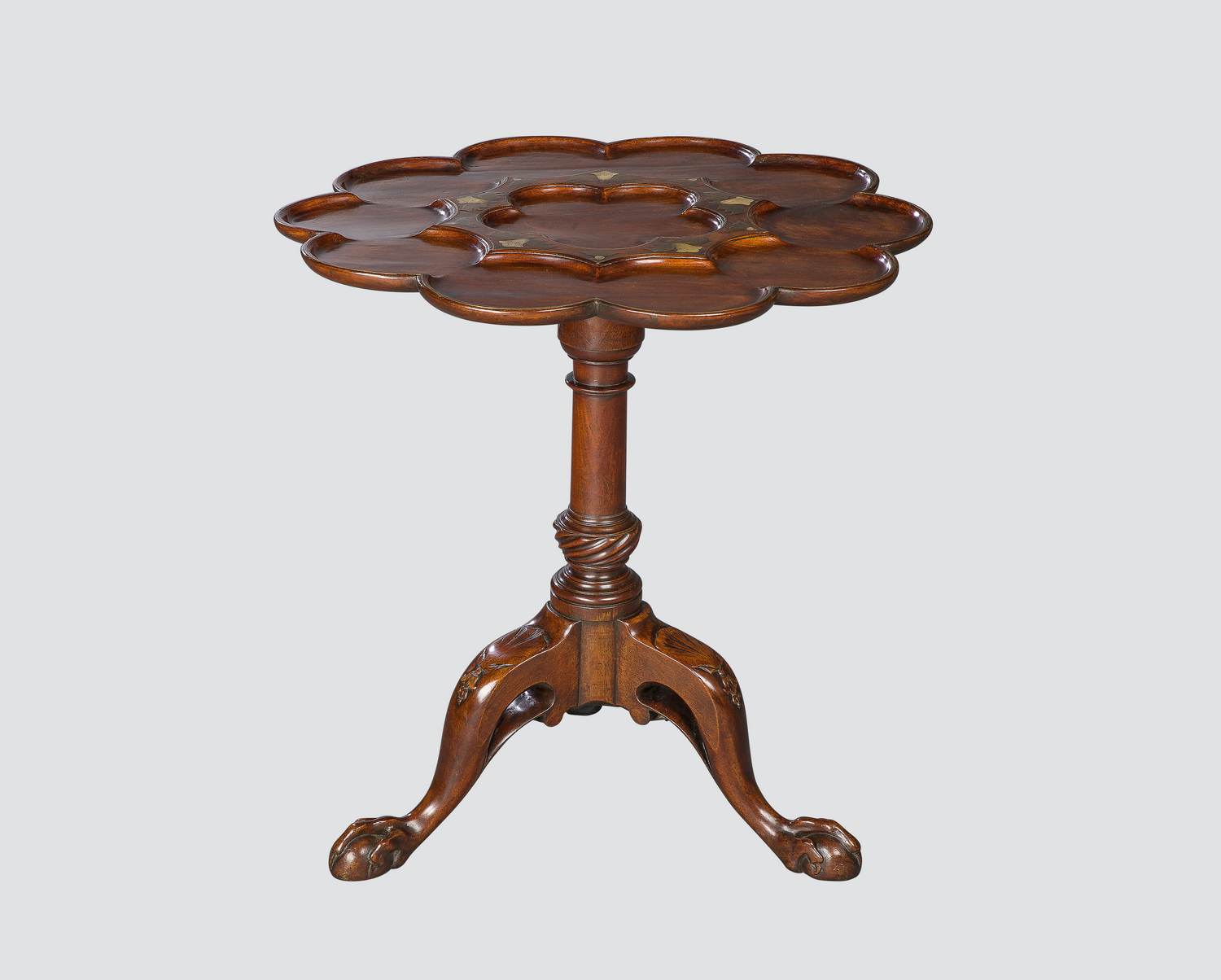Brass and Mother of Pearl Inlaid Tripod Table in the Manner of Frederick Hintz thumbnail 3