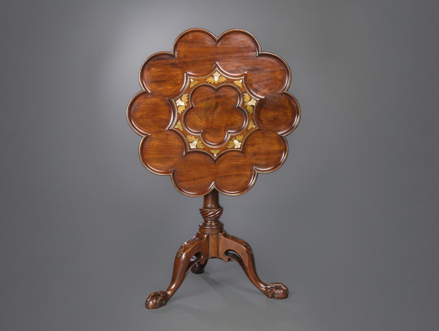 Brass and Mother of Pearl Inlaid Tripod Table in the Manner of Frederick Hintz thumbnail 4