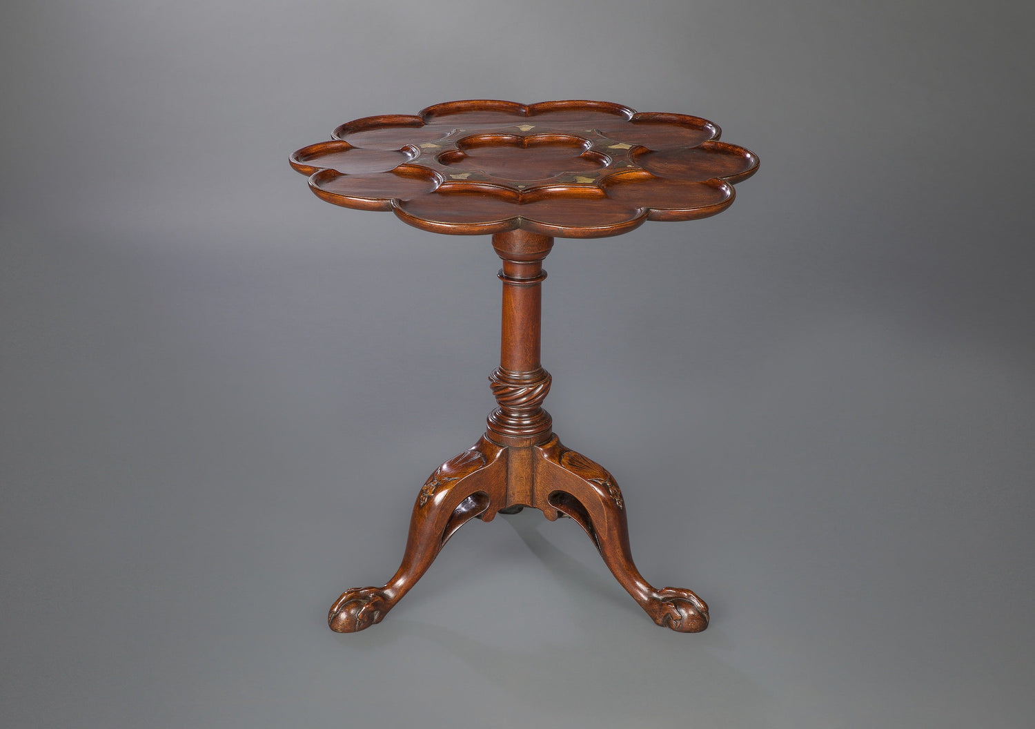Brass and Mother of Pearl Inlaid Tripod Table in the Manner of Frederick Hintz thumbnail 5