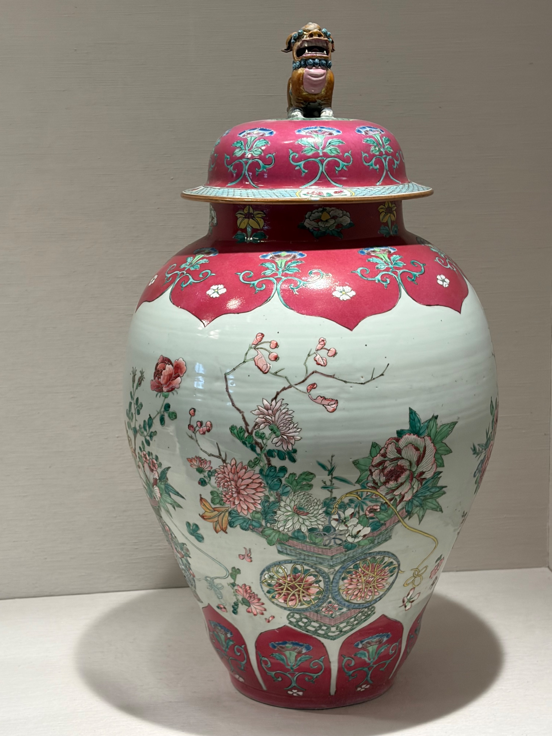 Chinese Famille Rose Style Porcelain Covered Temple Jar with Buddhist Lion Finial