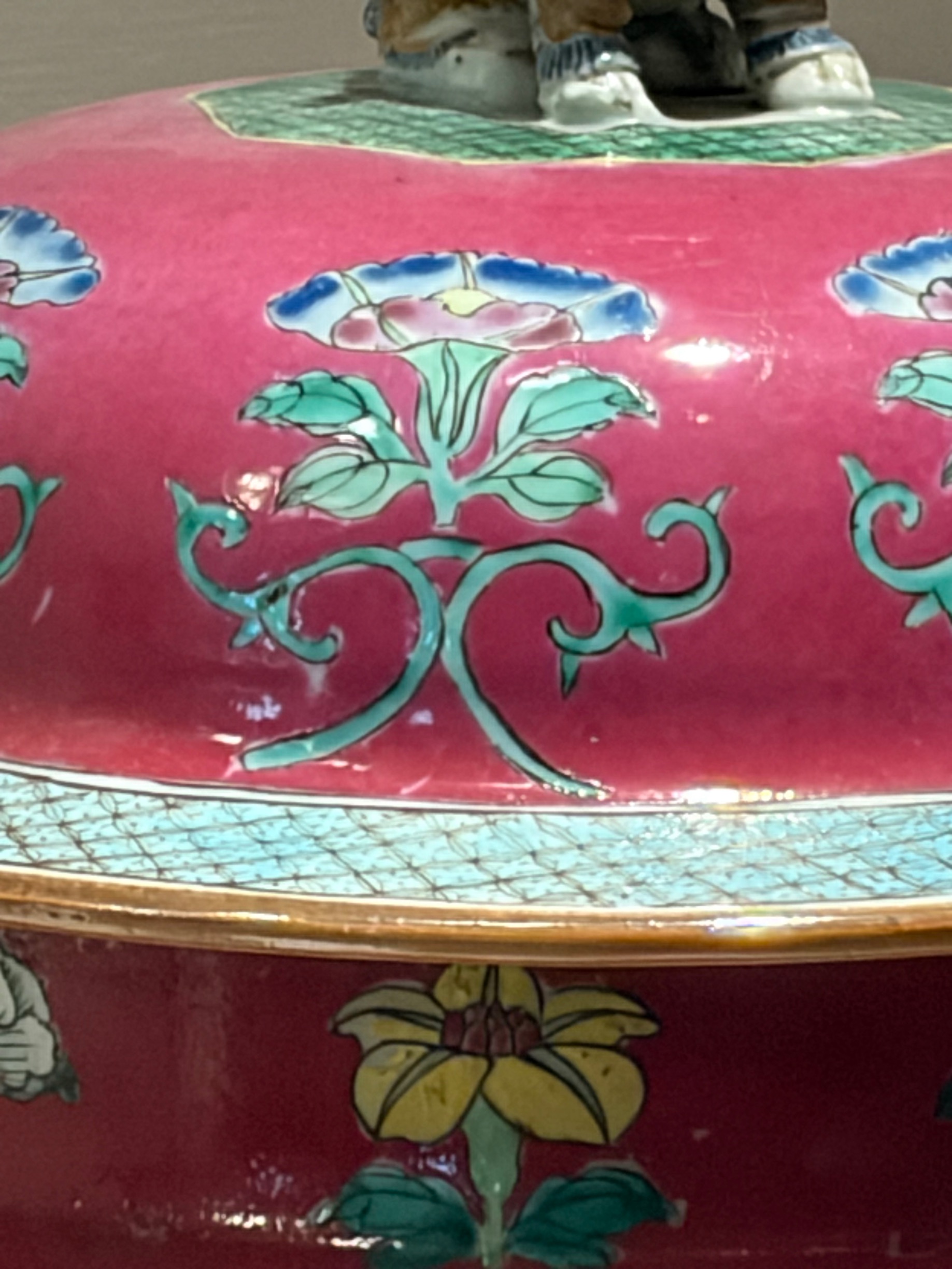Chinese Famille Rose Style Porcelain Covered Temple Jar with Buddhist Lion Finial thumbnail 3