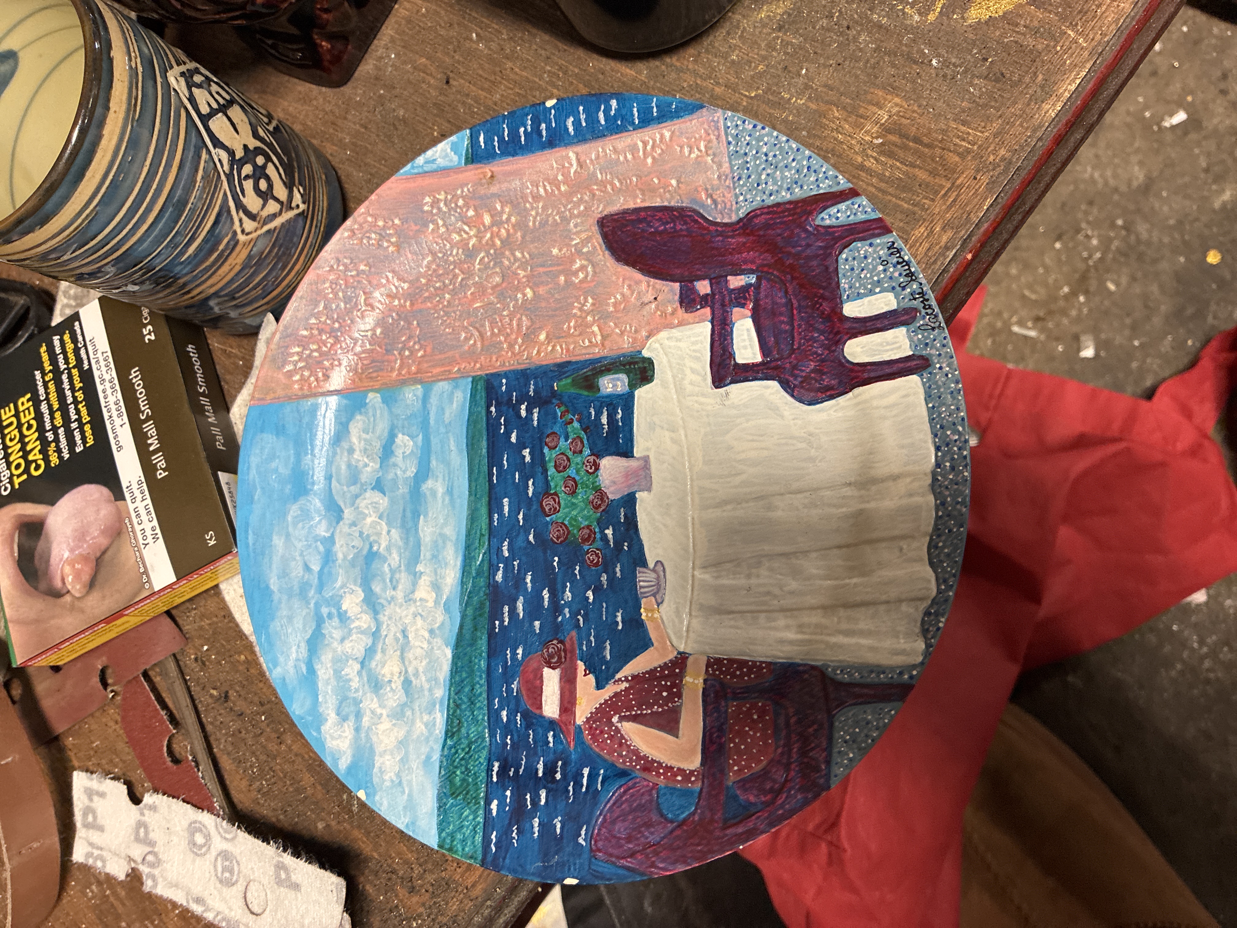 Contemporary Folk Art Hand-Painted Round Panel