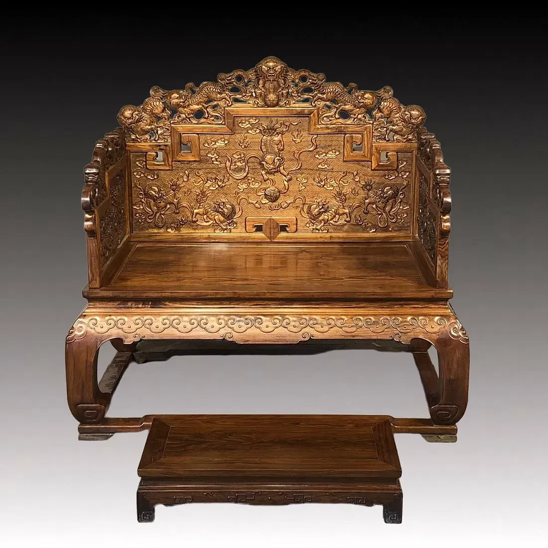 Chinese Qing Style Huanghuali Dragon Carved Throne Chair with Footstool