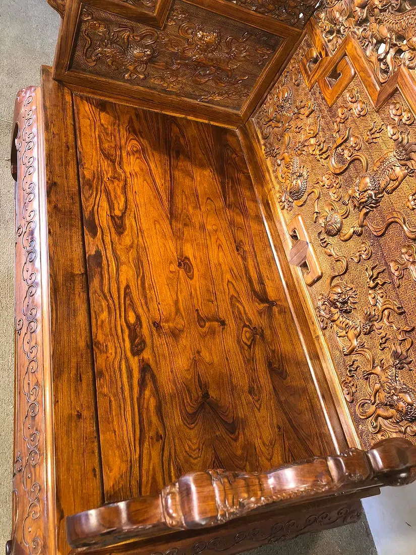 Chinese Qing Style Huanghuali Dragon Carved Throne Chair with Footstool thumbnail 2
