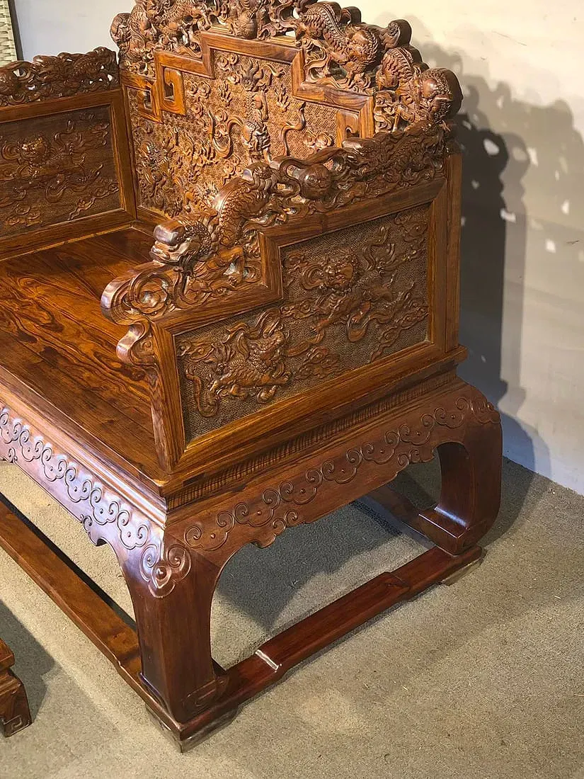 Chinese Qing Style Huanghuali Dragon Carved Throne Chair with Footstool thumbnail 3