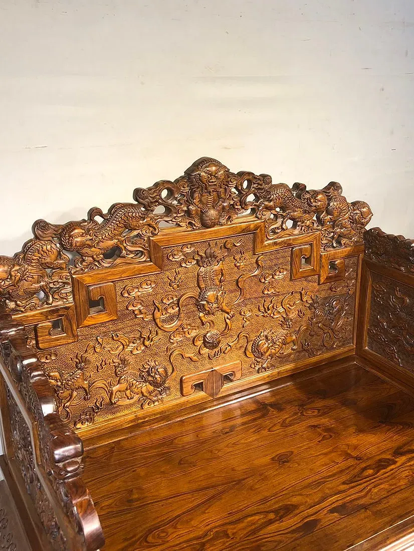 Chinese Qing Style Huanghuali Dragon Carved Throne Chair with Footstool thumbnail 4