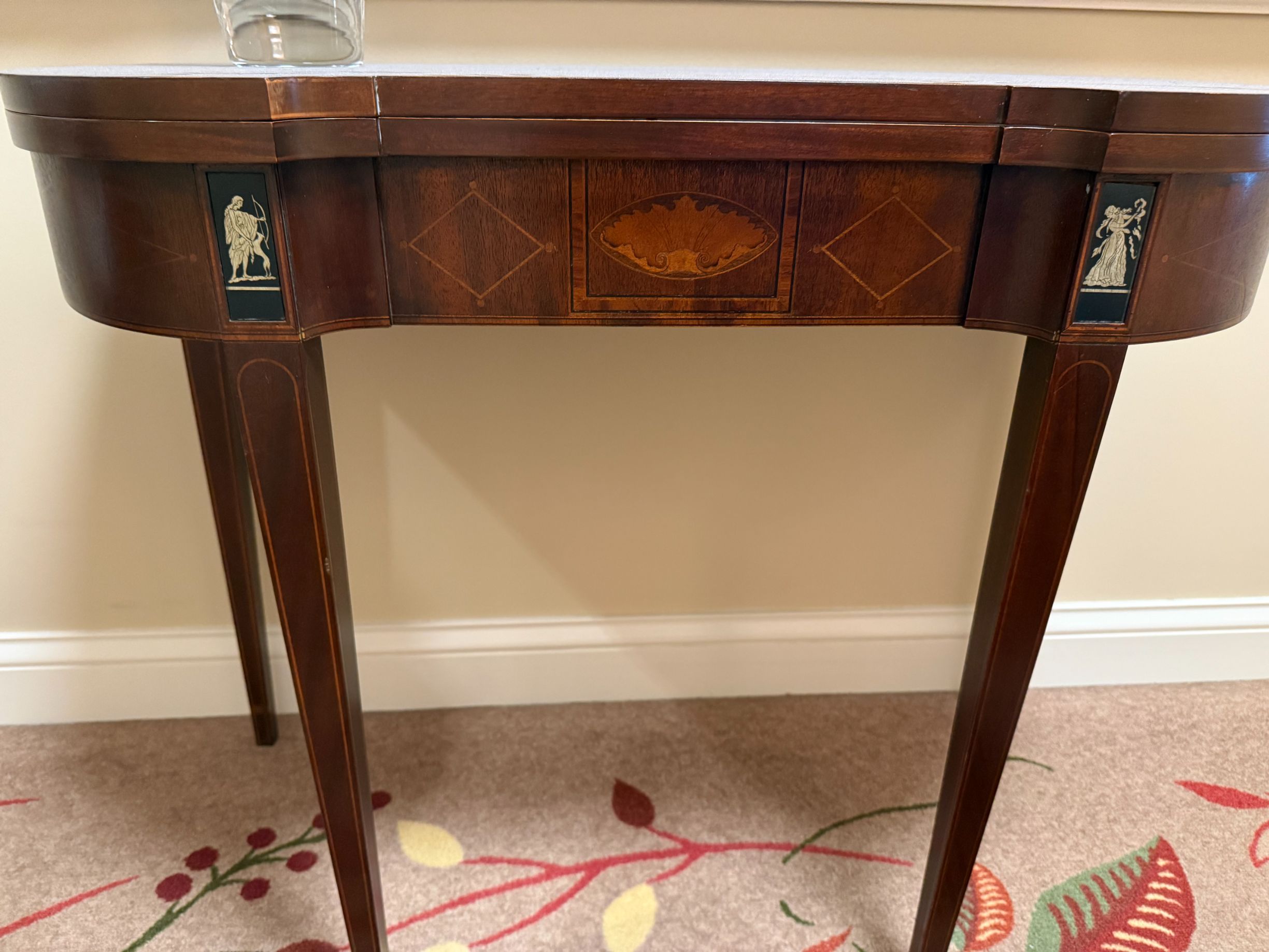 English Neoclassical Style Mahogany Inlaid Demilune Console Table