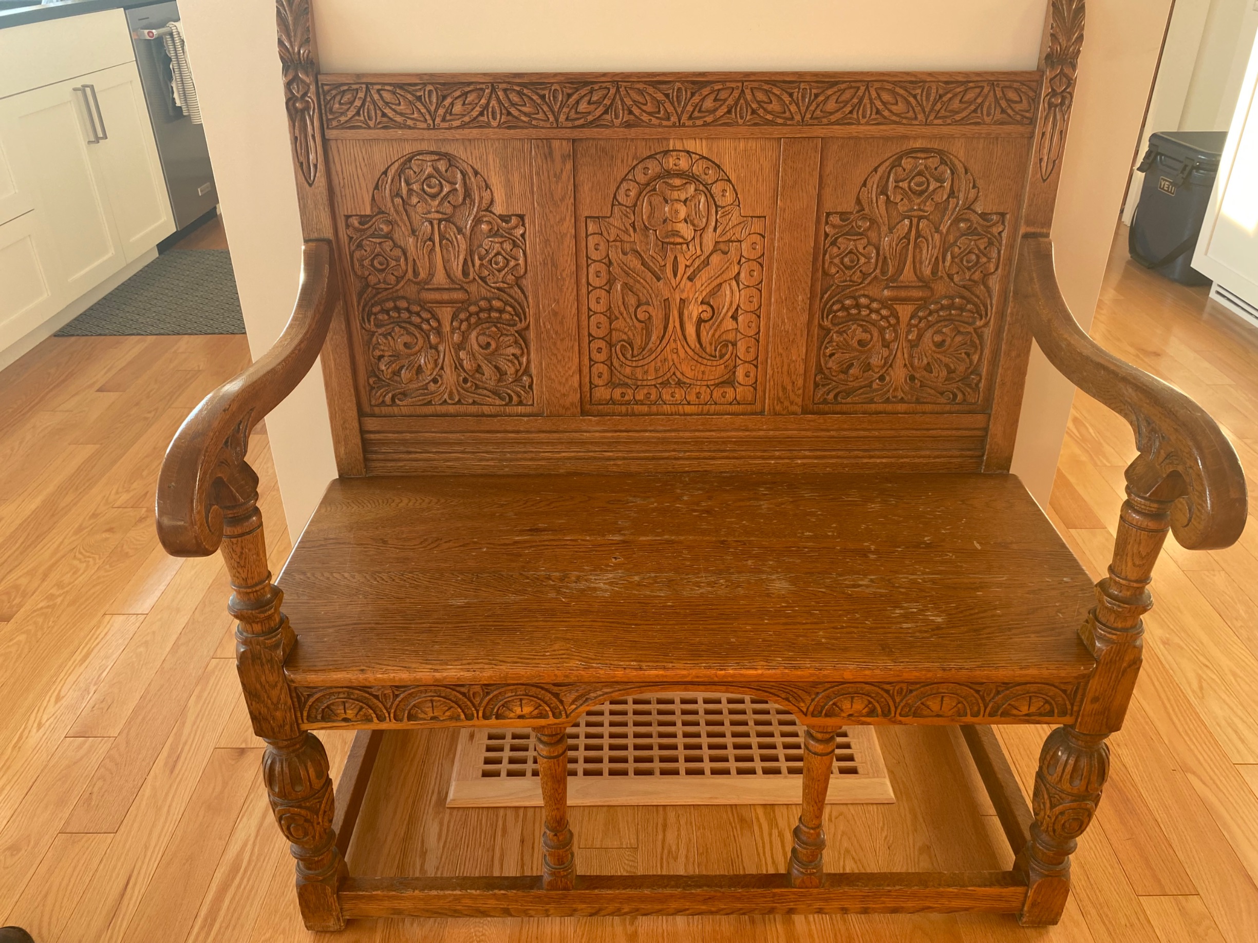 English Victorian Revival Carved Oak Hall Bench