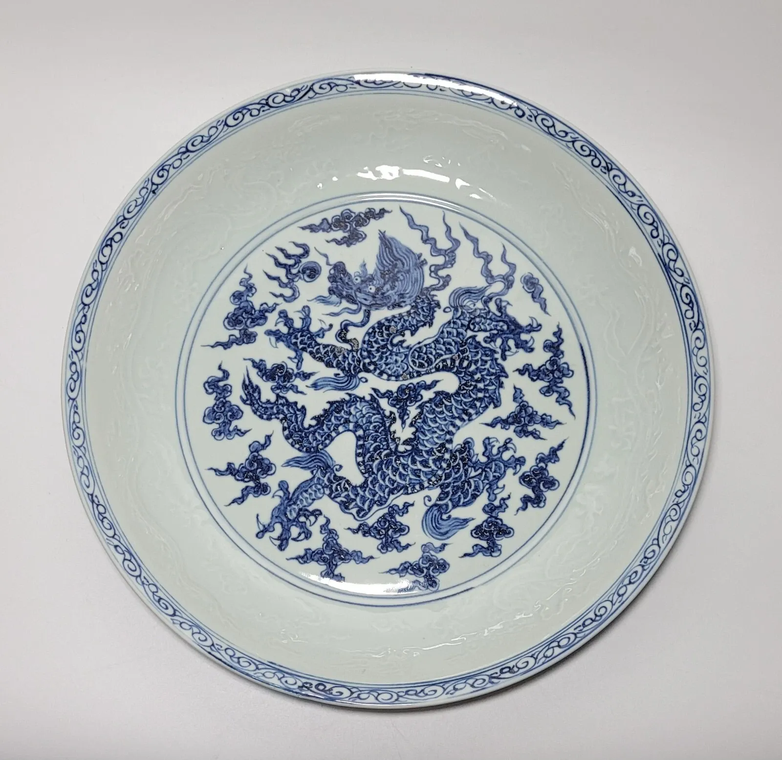 Chinese Ming Style Blue and White Dragon Charger