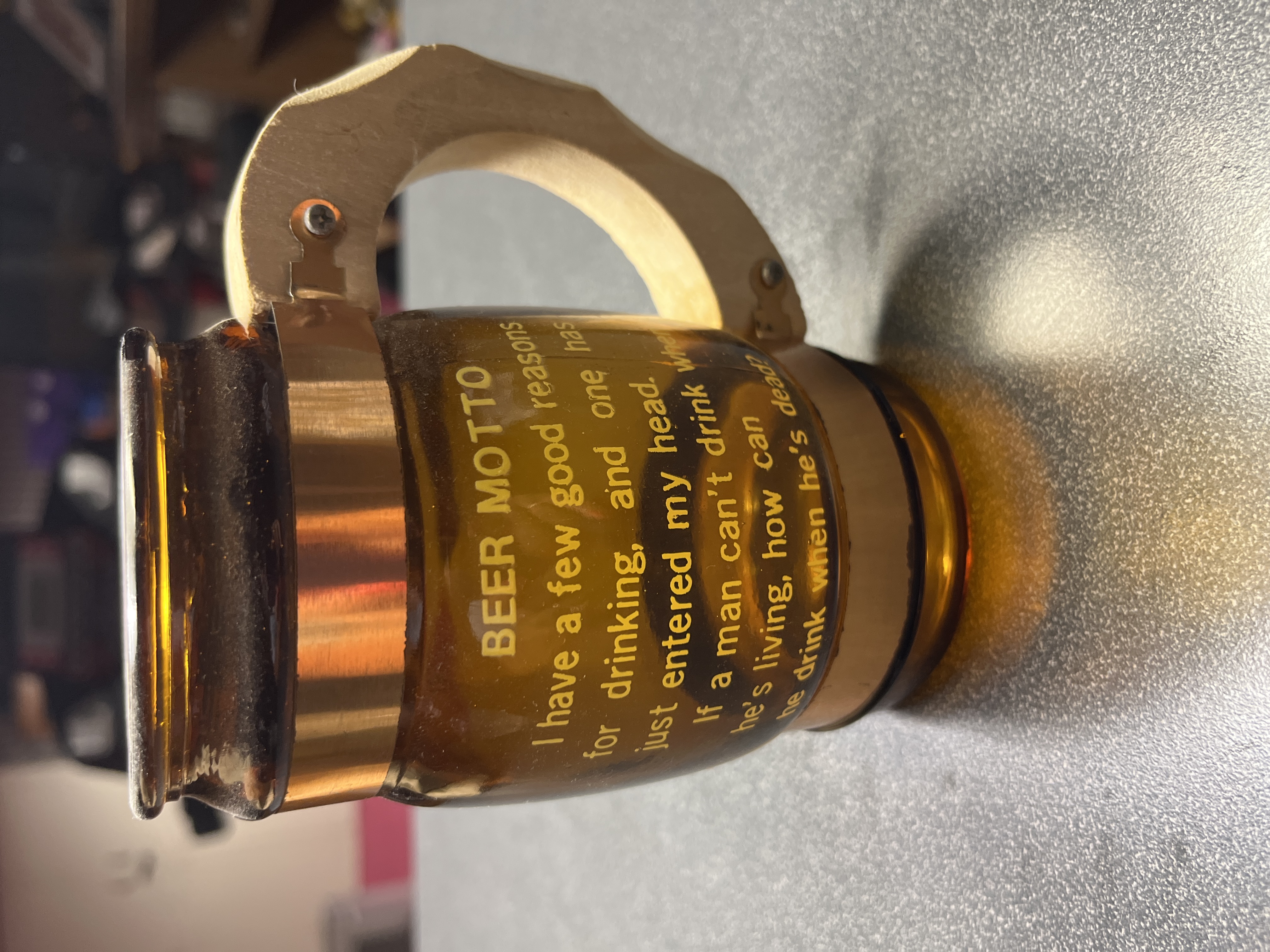 Novelty Amber Glass Beer Mug with Metal Handle