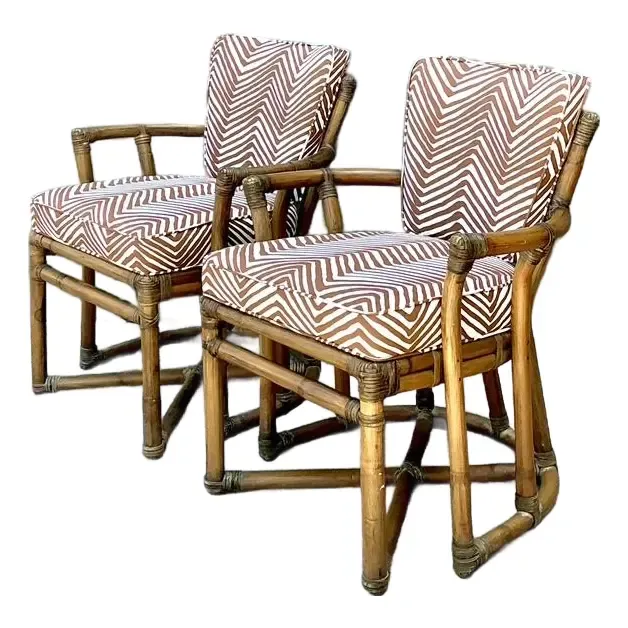 Hollywood Regency Style Faux-Bamboo Upholstered Armchairs, Pair